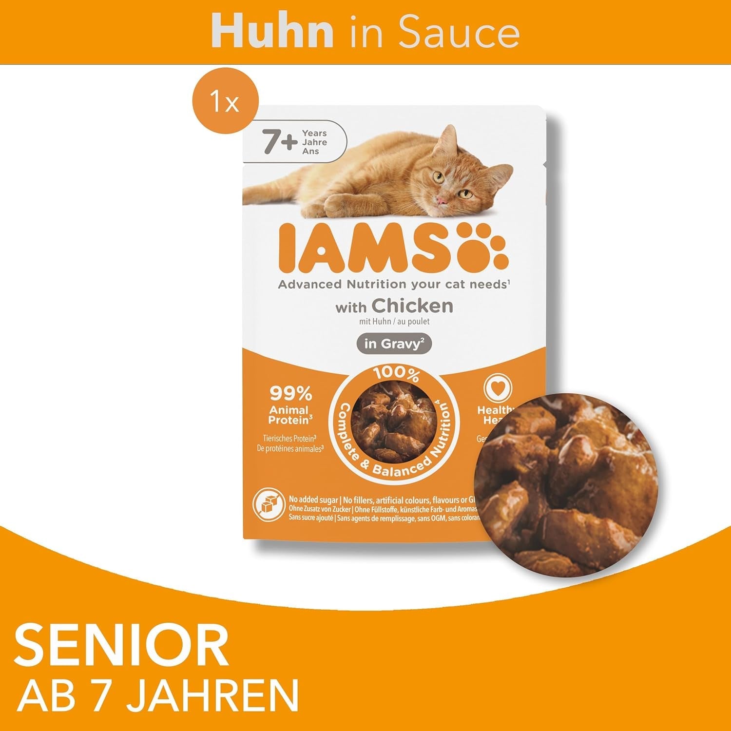 IAMS Delights Nat kattenvoer met kip in saus voor oudere katten vanaf 7 jaar - proefgrootte, individueel zakje, 1 x 85 g