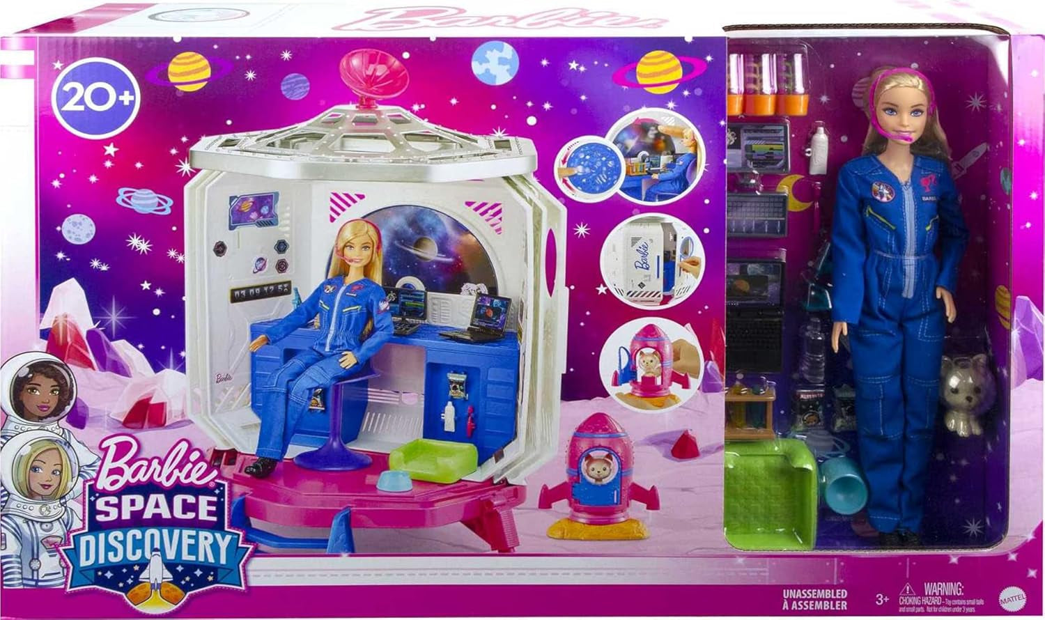Barbie GXF27 - Ruimtestation Ruimteavontuur, Ruimtepop, Puppy, Werkstation, Ruimtescènes, 20 Accessoires, Cadeauspeelgoed voor kinderen vanaf 3 jaar