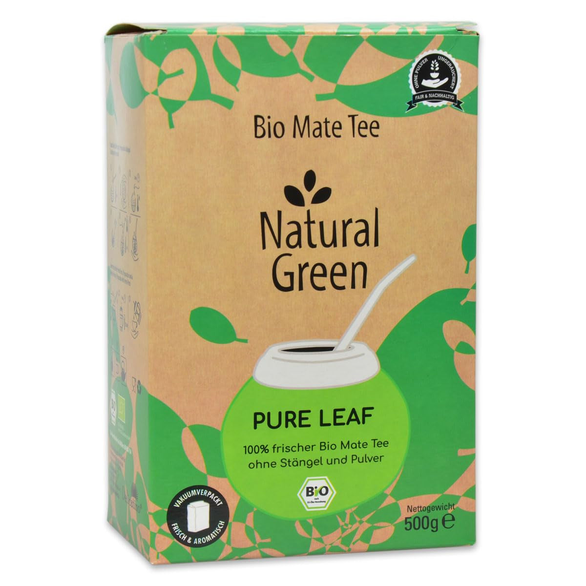 Delicatino - Natuurlijk groen PURE LEAF 500G, biologische yerba mate stengelloos, vers en rookloos, biologisch geteeld, vacuüm verpakt voor maximale versheid