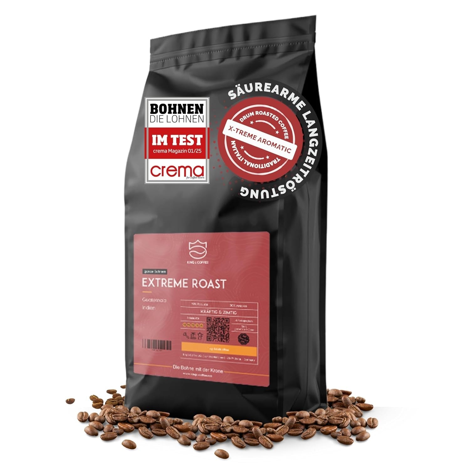 KING'S COFFEE - EXTREME ROAST - Espresso Intenso bonen - zeer lage zuurgraad - kleine batchbranding uit Italië - koffiebonen voor volautomatische machines en portafiltermachines - 1 kg