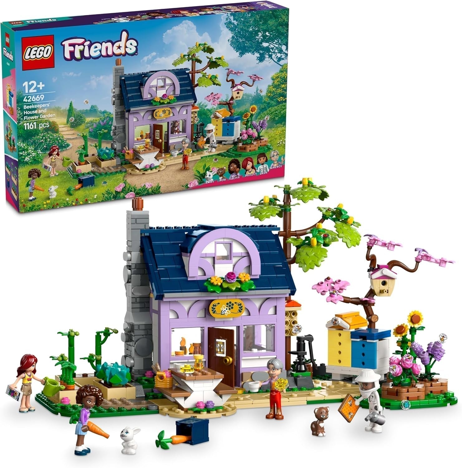 LEGO Friends Huis en bloementuin De imker, bouwset, natuurspeelset, cadeau voor meisjes vanaf 12 jaar, bouwbare modelset, 4 minifiguren en dierenfiguren, kat en konijn 42669 Bouwsets