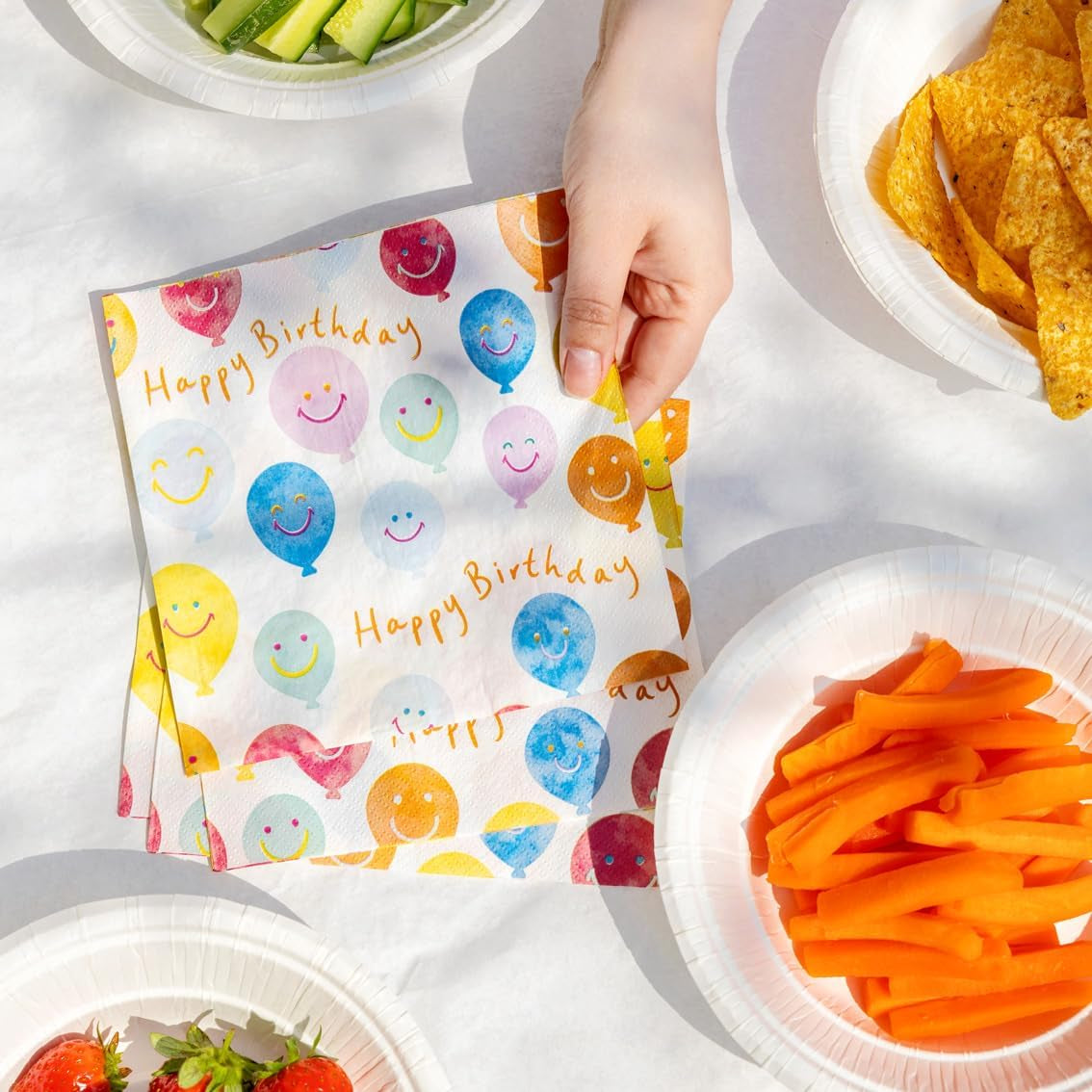 Hoge kwaliteit gelukkige verjaardag smileygezicht papieren servetten Ballonservetten voor feestcatering Milieuvriendelijk Wegwerpservetten Composteerbaar Duurzaam Recyclebaar