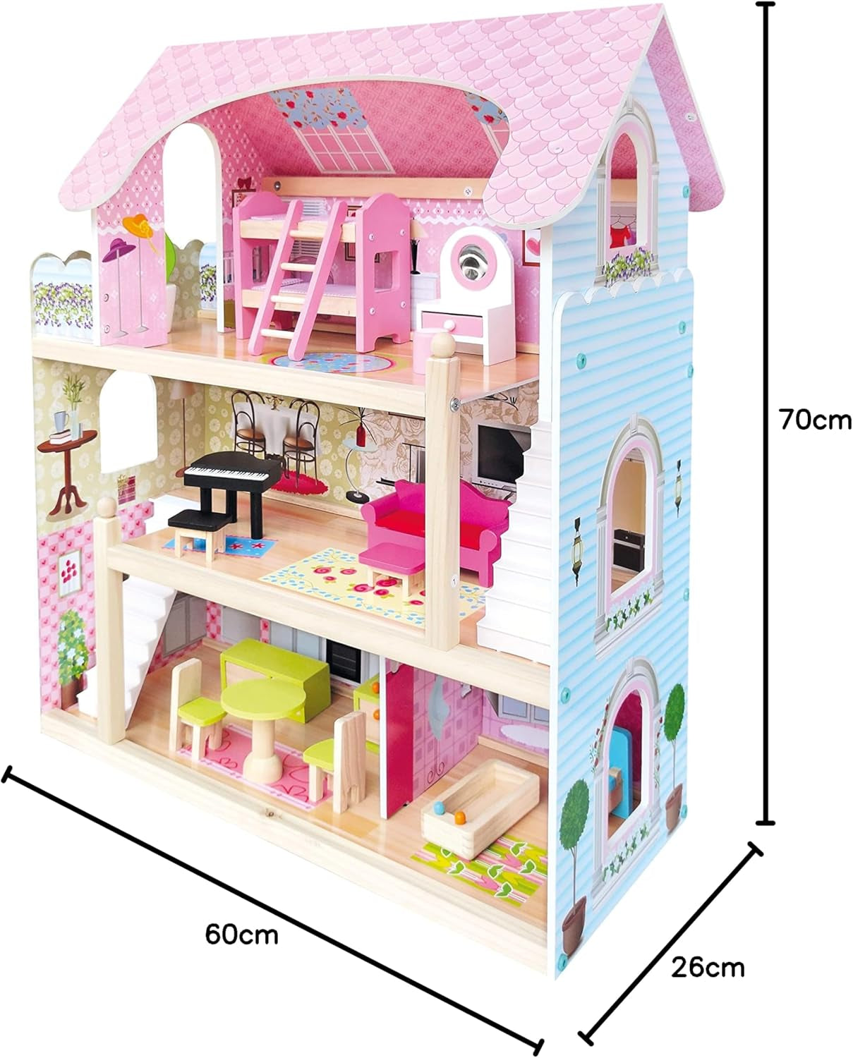 Bino World of Toys Poppenhuis met balkon, Speelgoed voor peuters vanaf 3 jaar, met 3 verdiepingen, trappen, 4 kamers en balkon incl. 15-TLG. Accessoires, Om de vaardigheden van kinderen te bevorderen, Roze design Naty Shop poppenhuizen