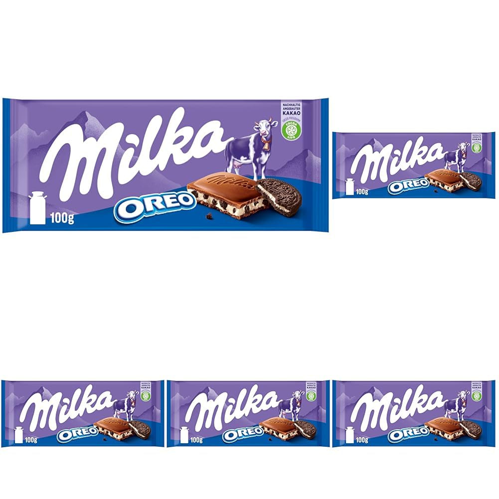 Milka Oreo – Alpenmelkchocolade gevuld met knapperige stukjes Oreo-koekjes en zachte vanillecrème – 100g