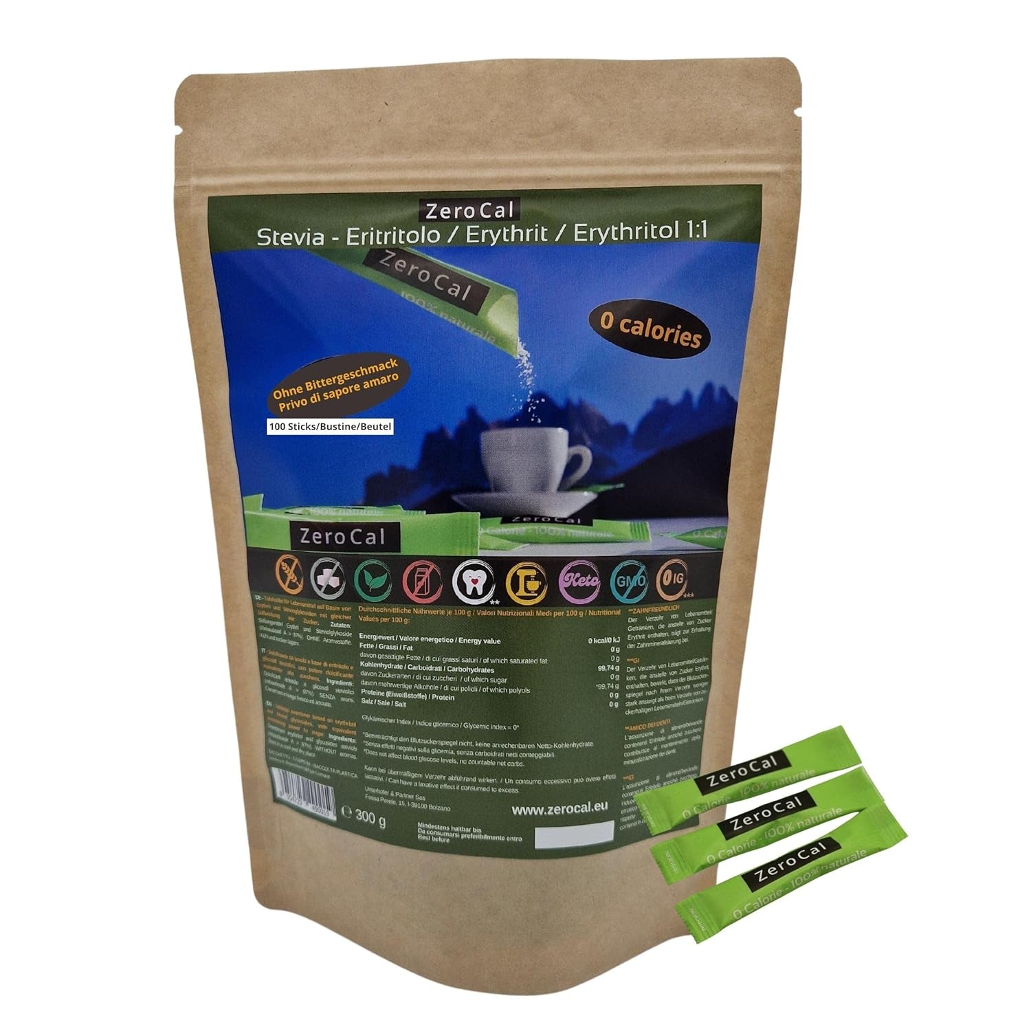 Zerocal - 1:1 (Erythritol + Stevia) 100 Sticks Je 3 G | Ideaal voor het zoeten van koffie, thee en andere dranken Gleiche Süßkraft Von Zucker | Glutenvrij, veganistisch, GMO-vrij | Kalorien en GI = 0 Zoetstoffen Naty Shop Standaardtitel