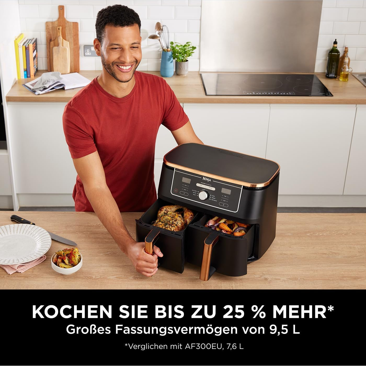 Ninja Foodi AF400EUCP MAX luchtfriteuse met twee zones, heteluchtfriteuse van 9,5 liter, 2 compartimenten, met tang, antiaanbaklaag Huishoudelijke apparaten Naty Shop