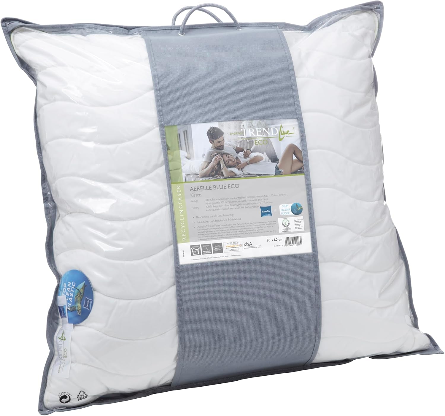 Badenia Trendline Eco Kussen Aerelle Blauw 80 X 80 Cm, wit, Oeko-Tex gecertificeerd, geproduceerd volgens de Duitse kwaliteitsnorm Naty Shop standaard kussens