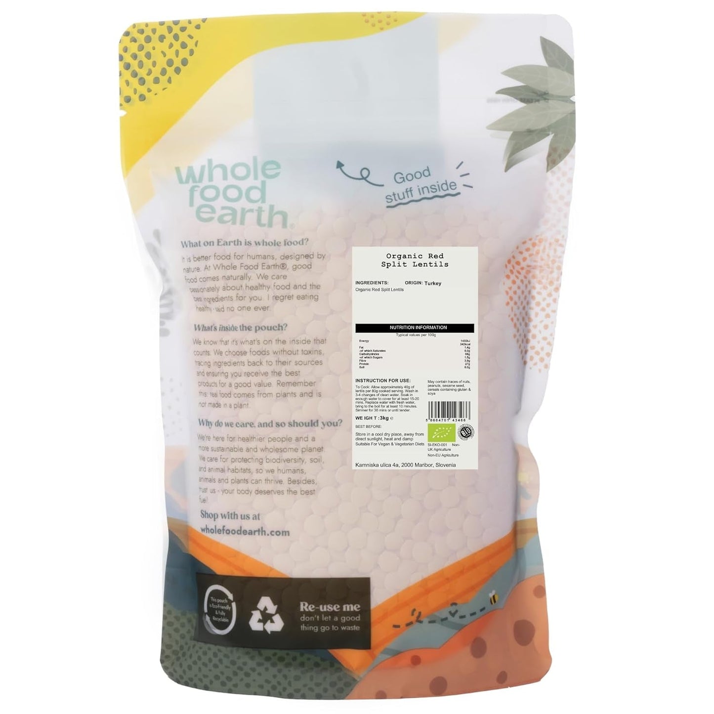 Wholefood Earth Biologische Gespleten Rode Linzen 3kg Niet-GMO Veganistisch Vezelrijk Hoog Eiwitgehalte Van Gecertificeerde Biologische Landbouw