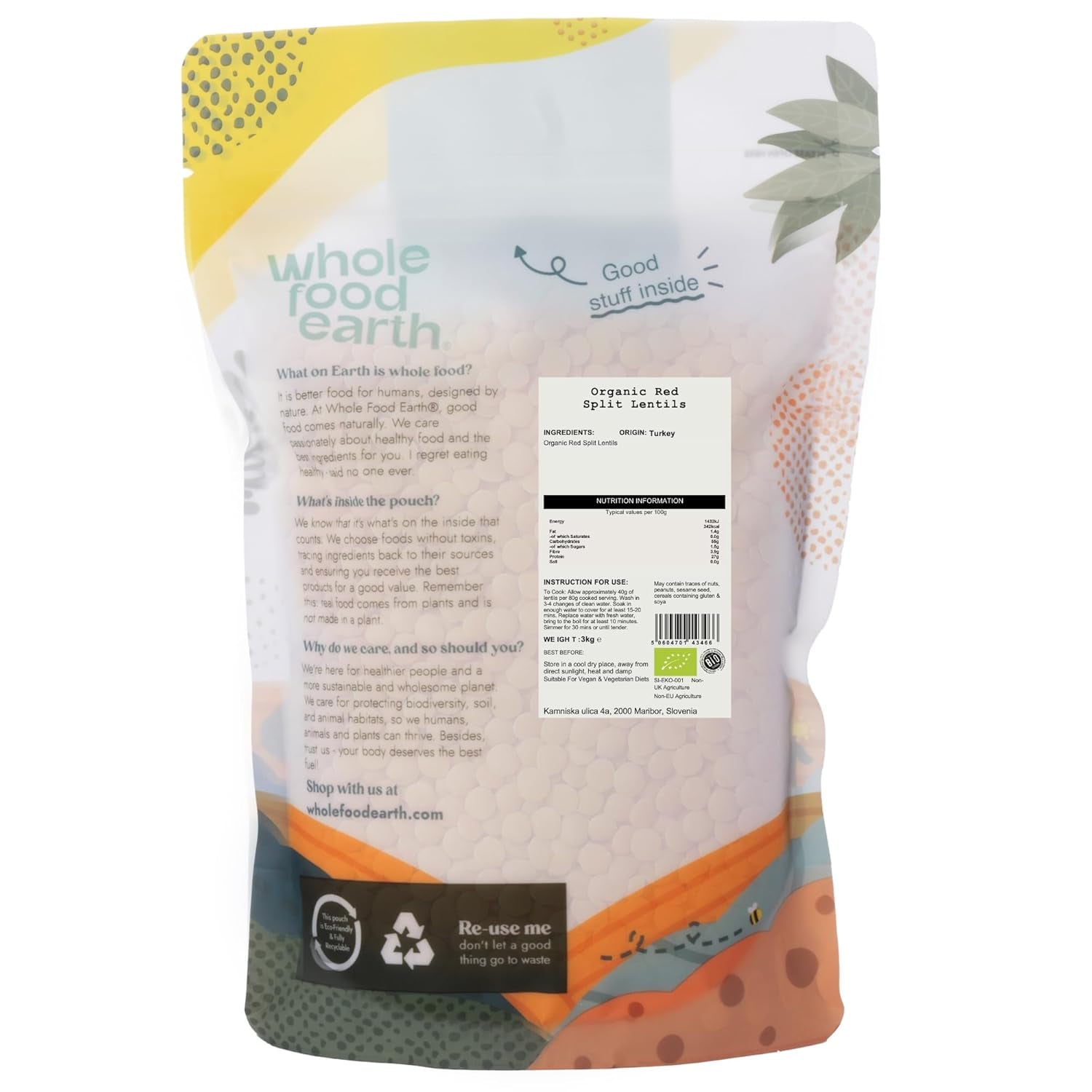 Wholefood Earth Biologische Gespleten Rode Linzen 3kg Niet-GMO Veganistisch Vezelrijk Hoog Eiwitgehalte Van Gecertificeerde Biologische Landbouw