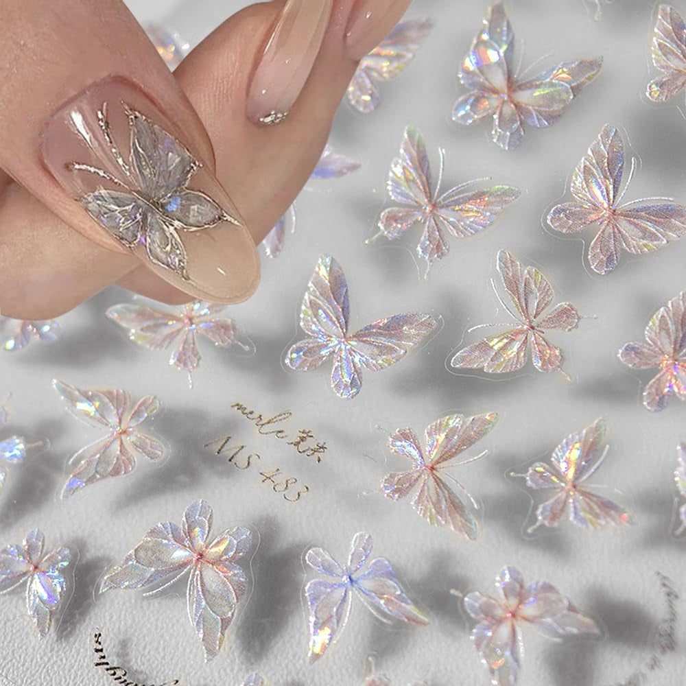 Glanzende Aurora Shell Schmetterling Nagelsticker Selbstklebend,Erleichterung Schmetterlinge Nail Sticker Rosa Laser Schmetterling Nagelaufkleber Für Frauen Nageldesign Zubehör Nagel Zubehör Nail Art