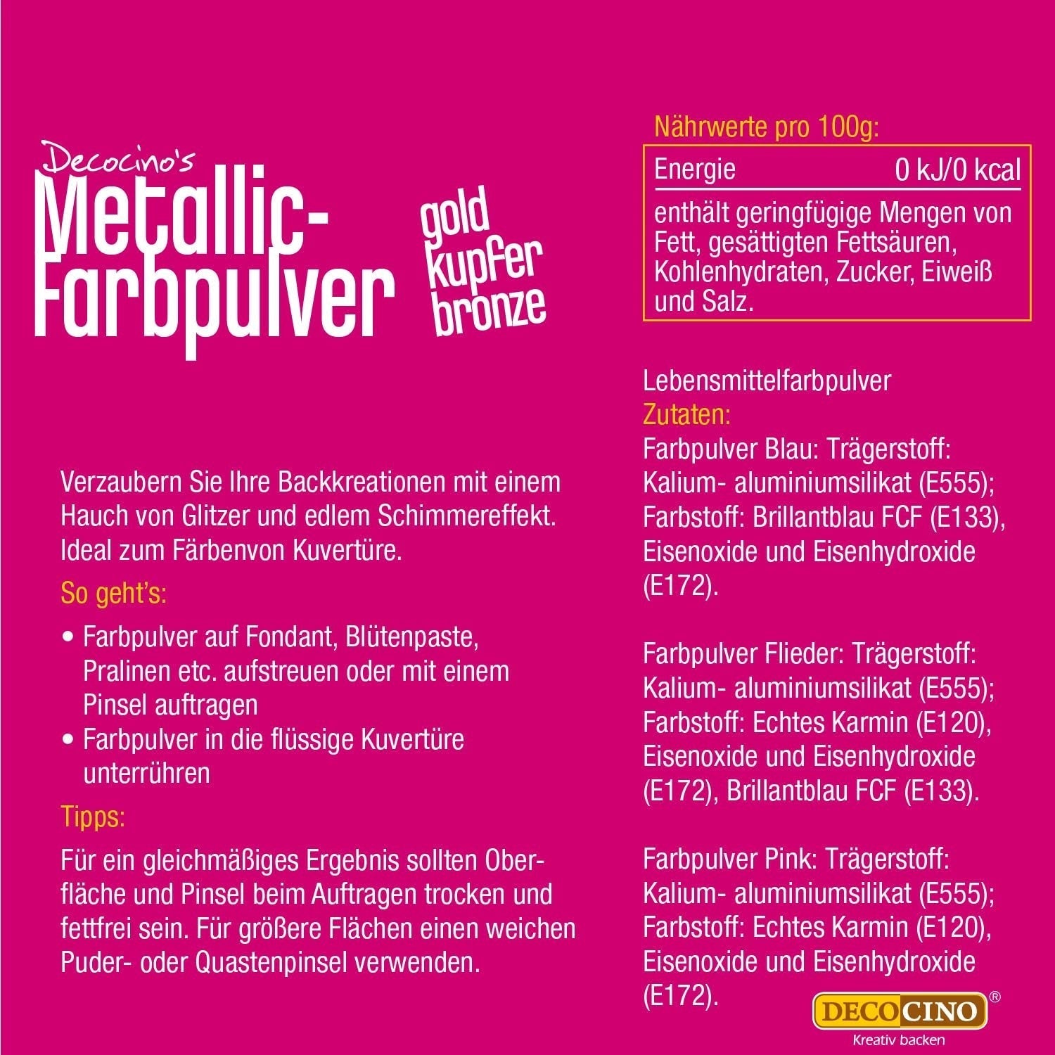 DECOCINO Metallic pastelkleurpoeder (3X2G) – Blauw, Lila en Roze – Kleurstofpoeder voor levensmiddelen – Glitterpoeder Geschikt voor fondant als taartversiering en taartdecoratie!