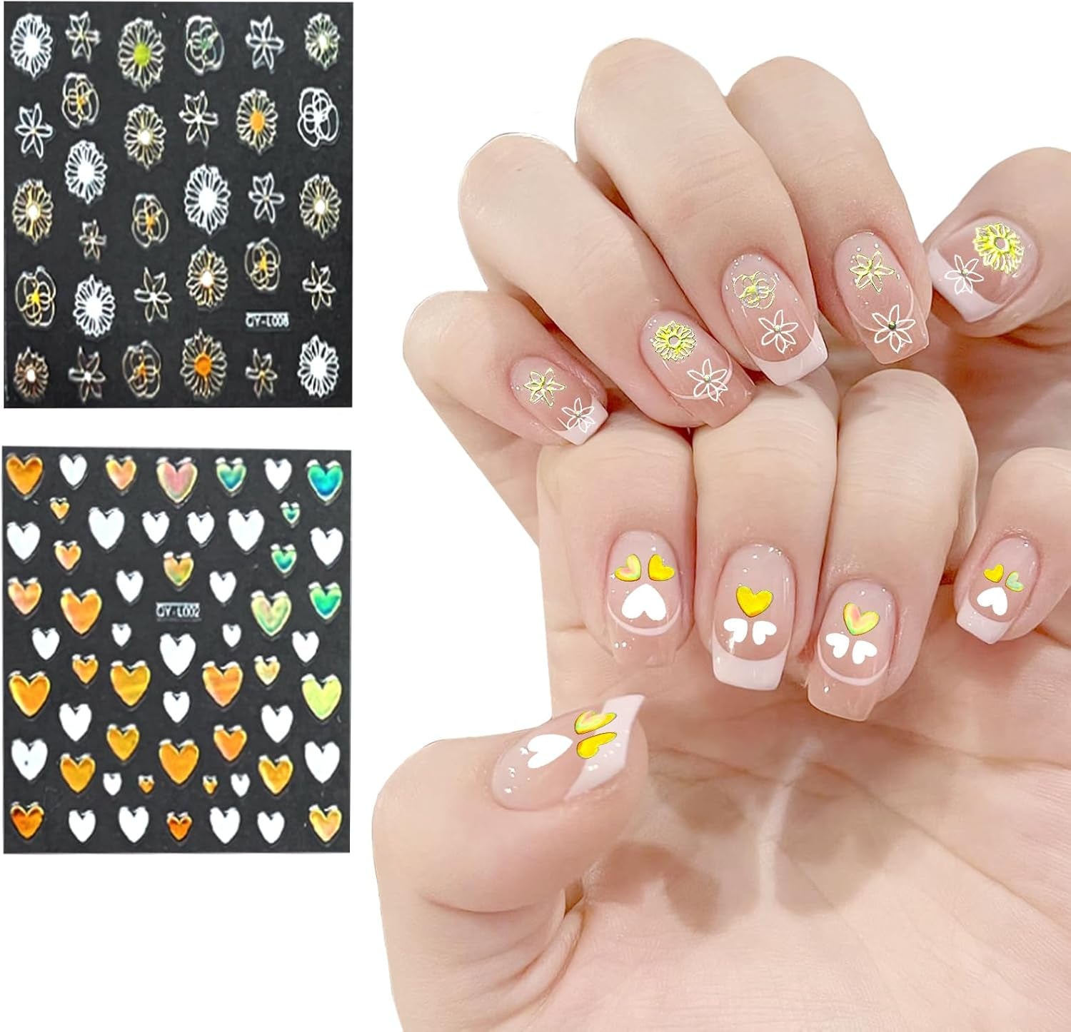 3D Nagelsticker Aurora 30 Blatt Gold Nail Art Sticker Selbstklebend Nagelaufkleber Holografisches Stern Herz Decoratie Nageldesign Zubehör