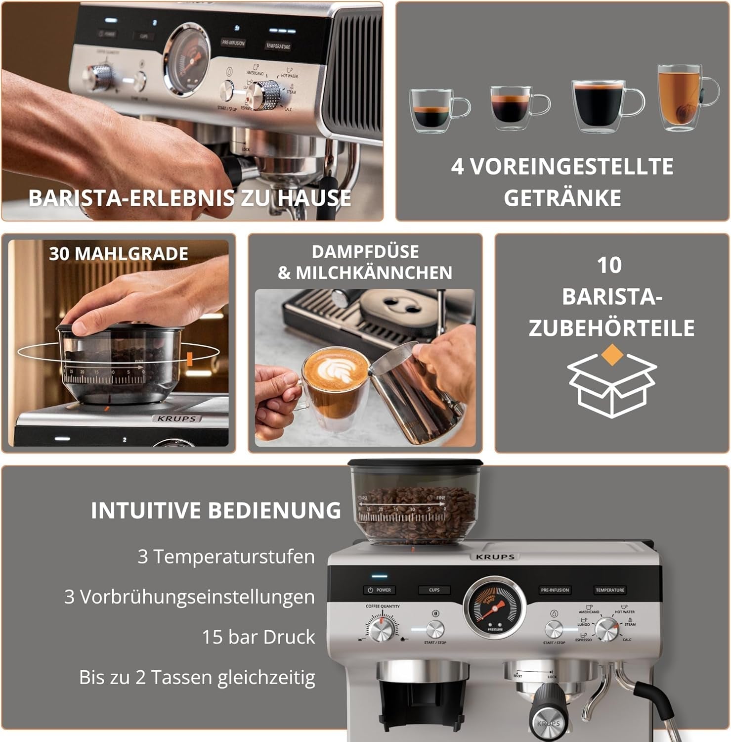 Krups Precision handmatige espressomachine met portafilter en molen, barista koffiemachine met intuïtief bedieningspaneel, pre-infusie instellingen, espressomachine met stoompijpje, snelle opwarming, XP801T10
