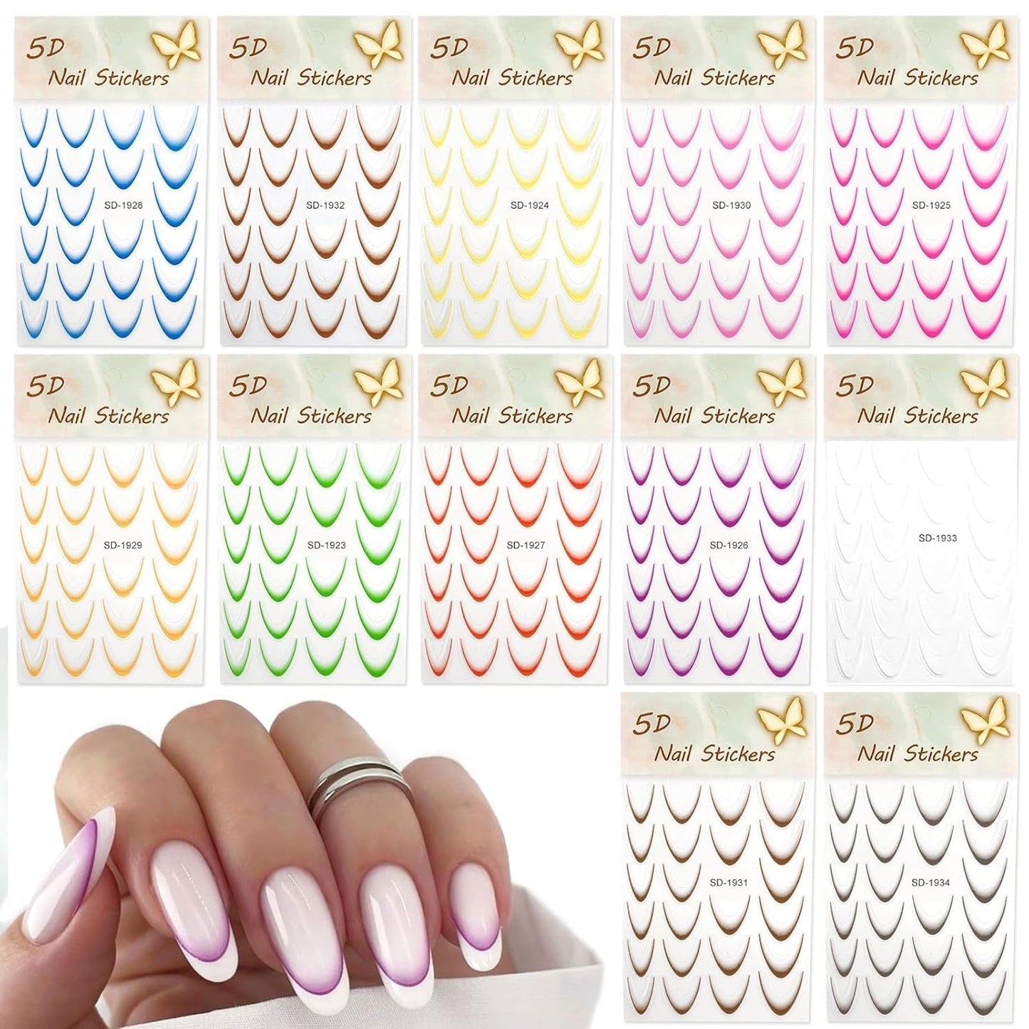 12 Stück French Tip Nagelsticker Selbstklebend Bunte French Nails Schablone Nagelaufkleber Nail Art Stickers Nageldesign DIY Nägel Zubehör(12 kleuren)