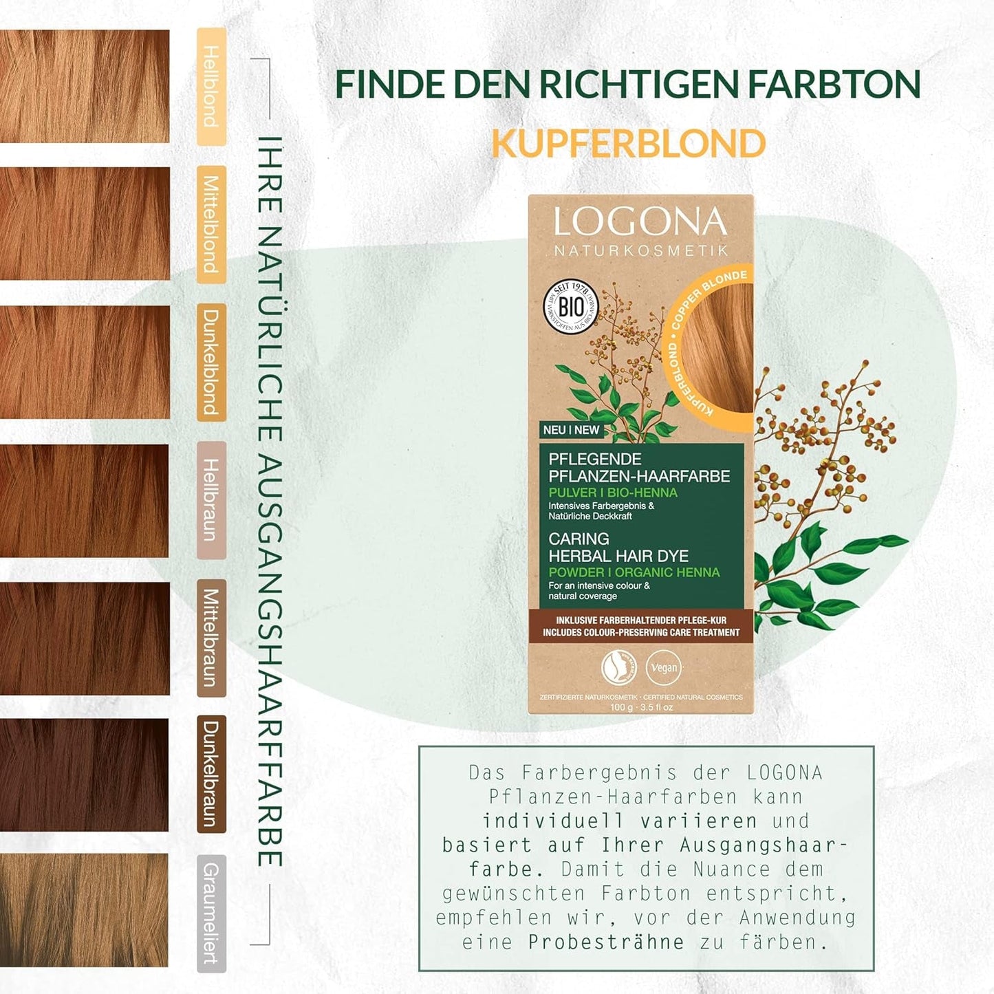 LOGONA Natural Cosmetics Kruiden voedende haarverf, biologisch hennapoeder Veganistische haarverf voor intense kleur en glans, Kruidenhaarverf in koperblond (blond), 1 x 100 g Naty Shop haarverf