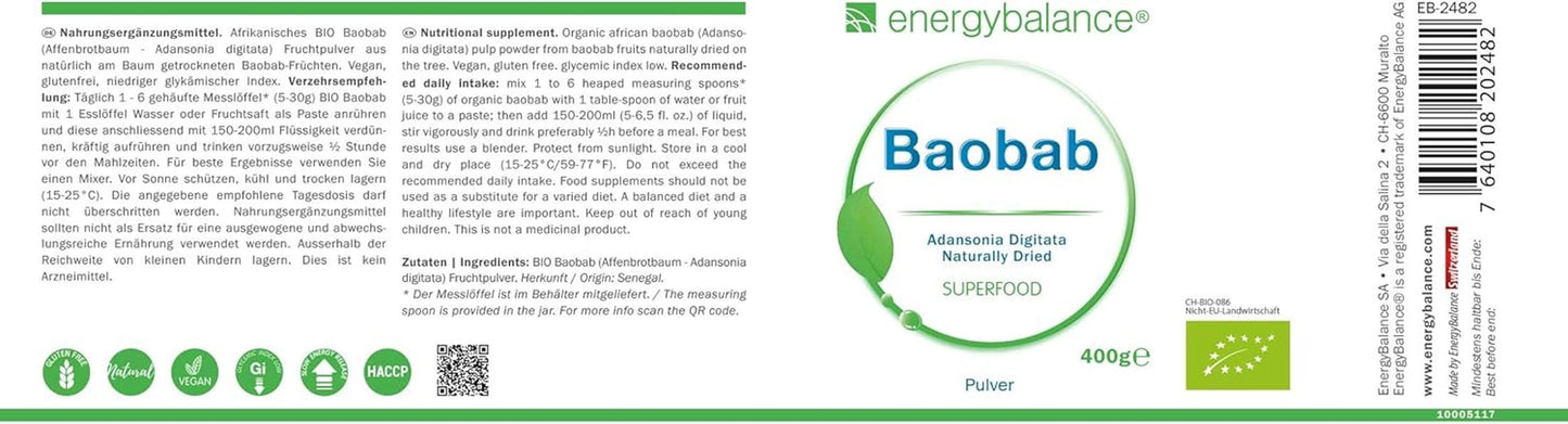 Baobab biologisch poeder - vitamine C, calcium, magnesium, kalium, 400 gram Aromas Naty Shop