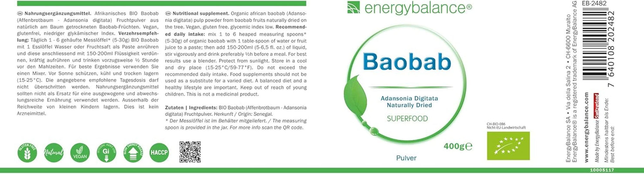 Baobab biologisch poeder - vitamine C, calcium, magnesium, kalium, 400 gram Aromas Naty Shop