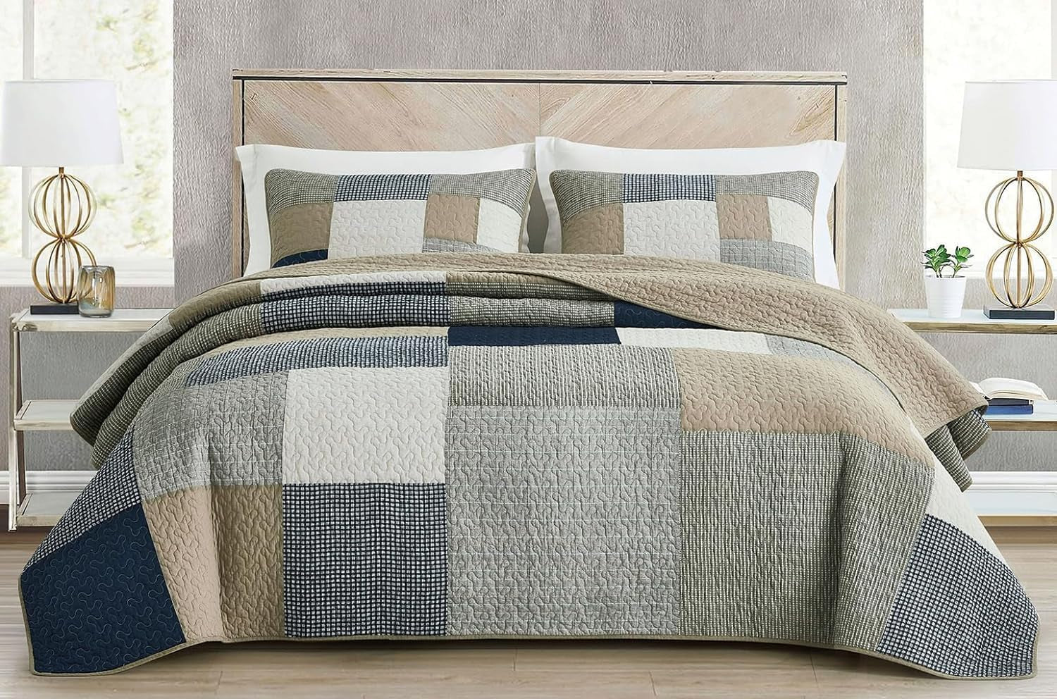 Chezmoi Collectie Addy Patchwork Quiltset Voorgewassen Katoen Lichtgewicht Omkeerbaar Alle seizoenen Oversized 3-delig Marine Wit Grijs Taupe Geruite Quilts & Quilts Naty Shop