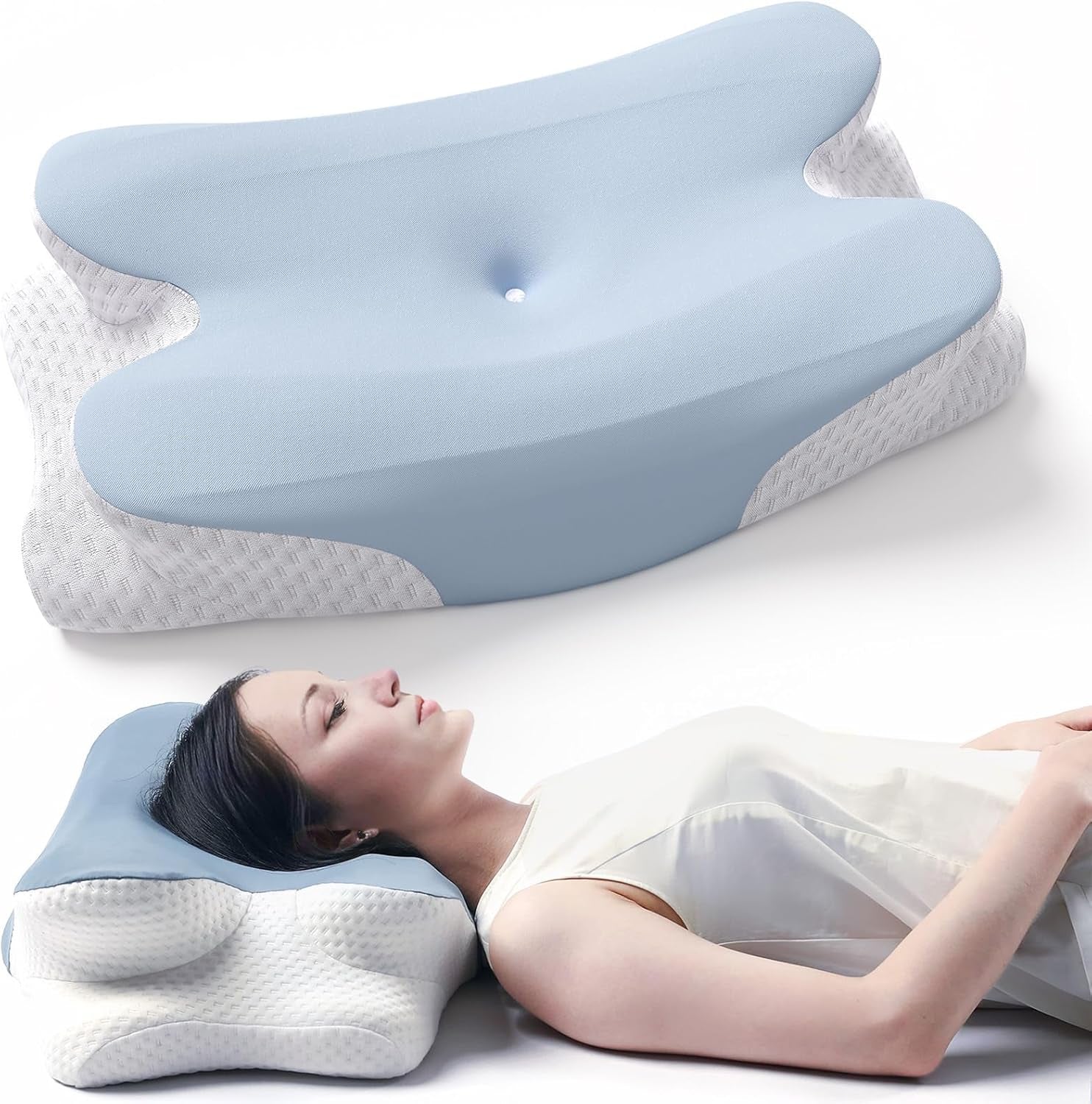 RUMMY Ergonomisch traagschuim neksteunkussen met afneembare wasbare hoes voor zij- en buikslapers (grijs) Cervicale orthopedische kussens Naty Shop Blauw