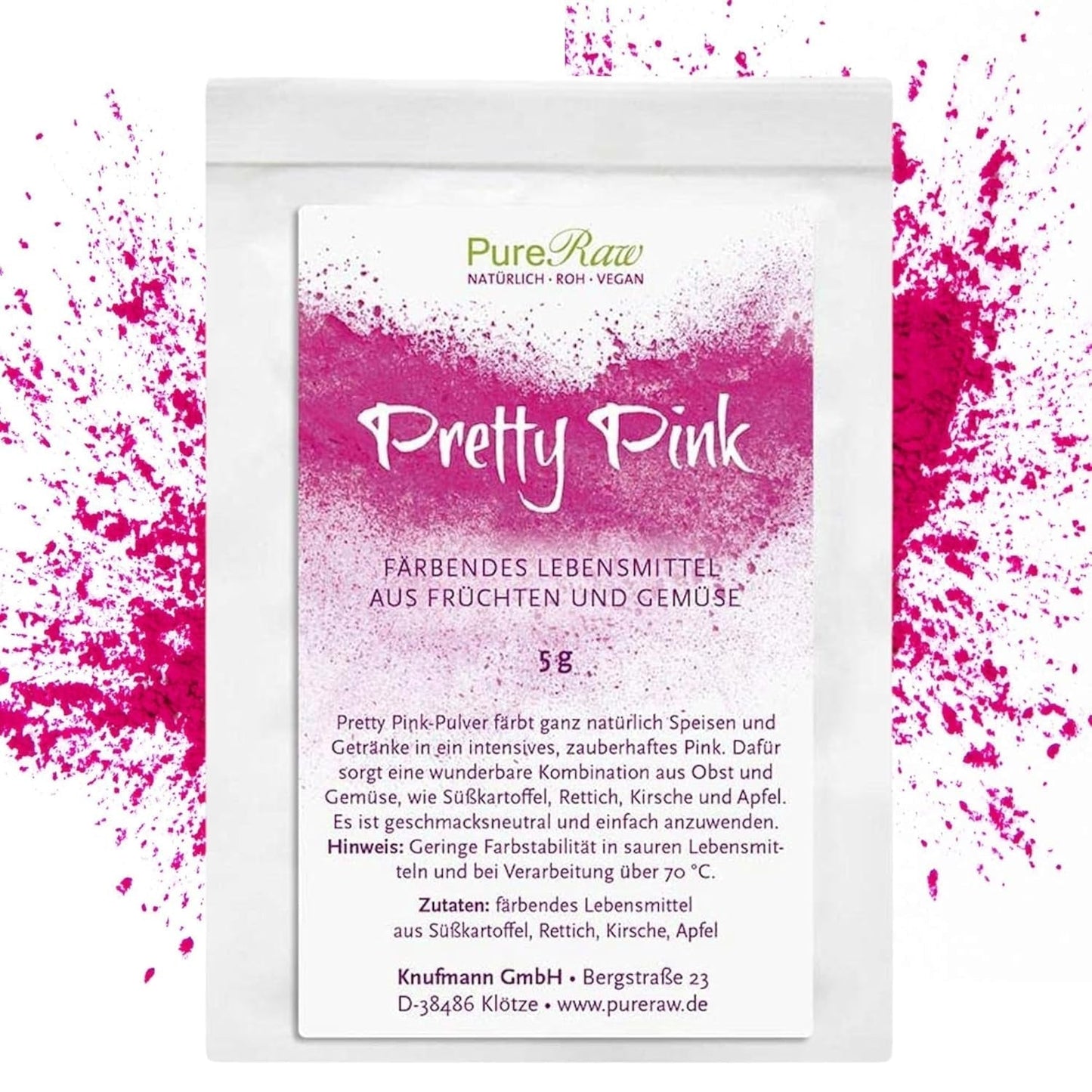 Pretty Pink Natürliche Lebensmittelfarbe Pulver Rosa (Roh Vegan) Pastel Rose Bis Intensiv Rosa-Rot - Essbare kleur voor Lebensmittel Aus Früchten en Gemüse - Natuurlijke kleurstof voor levensmiddelen | Pureraw 5G Naty Shop 5G (1Er-pakket) Roze