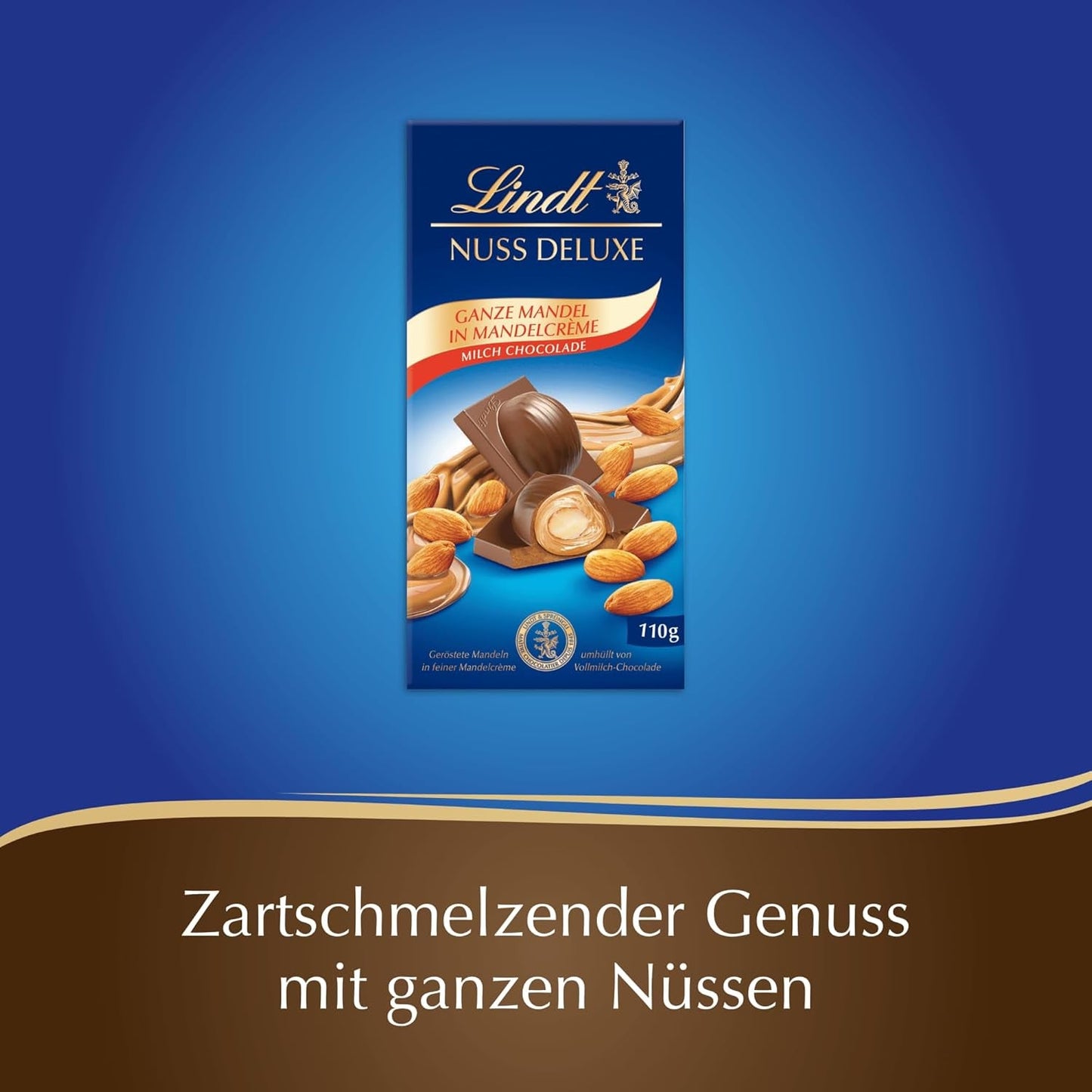 Lindt-chocolade | NUT DELUXE Chocoladereep met melk en amandelen | 110g | Melkchocolade met geroosterde amandelen in een smeuïge amandelcrème | Chocoladereep