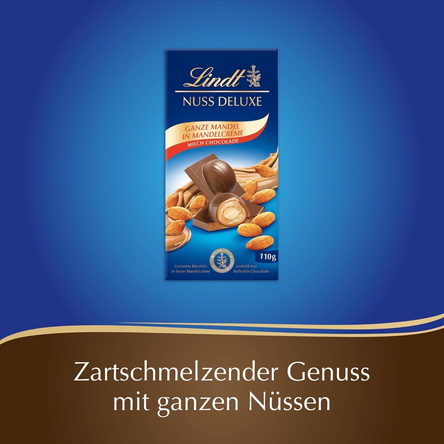 Lindt-chocolade | NUT DELUXE Chocoladereep met melk en amandelen | 110g | Melkchocolade met geroosterde amandelen in een smeuïge amandelcrème | Chocoladereep