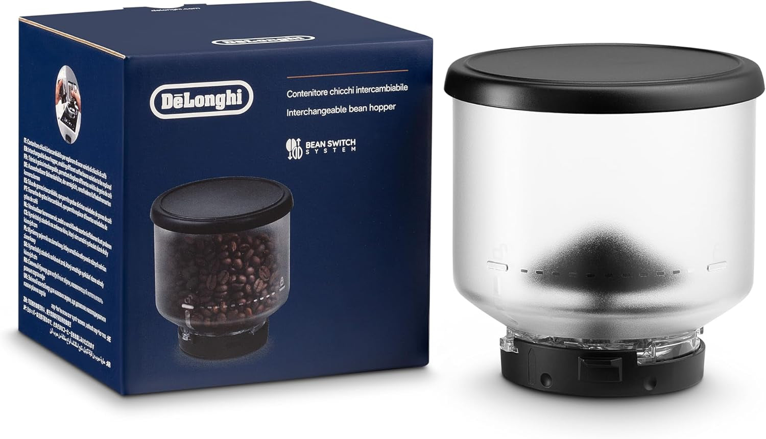 De'Longhi DLSC403 bonenreservoir, vervangbaar bonenreservoir voor De'Longhi Rivelia koffieautomaat, incl. 250 g koffiebonen, zwarte deksel