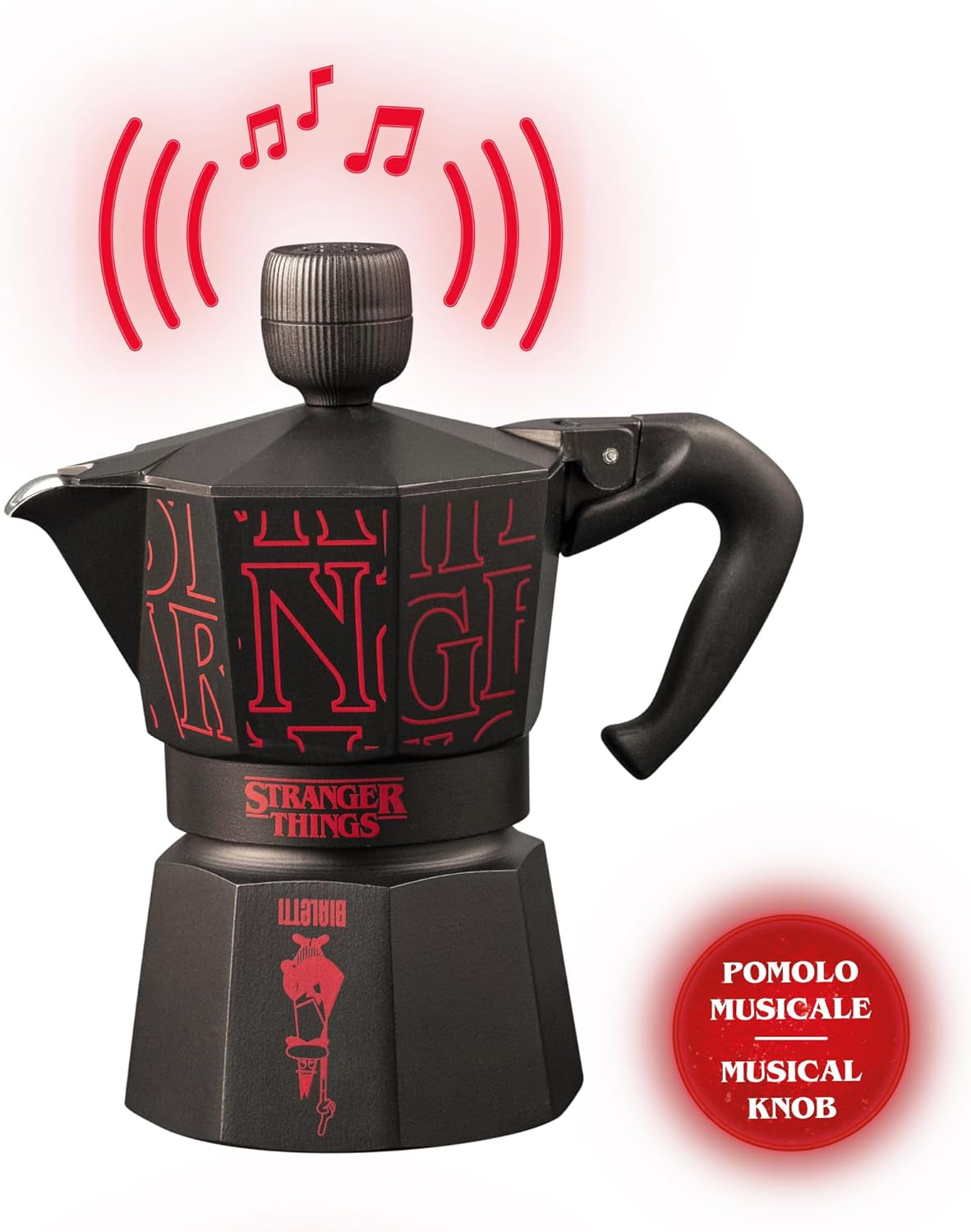 Bialetti Moka Express Stranger Things 3-kops koffiezetapparaat, Muziekknop met USB-C oplaadfunctie, Niet geschikt voor inductiekookplaten, 3 kopjes (130 ml), Zwart