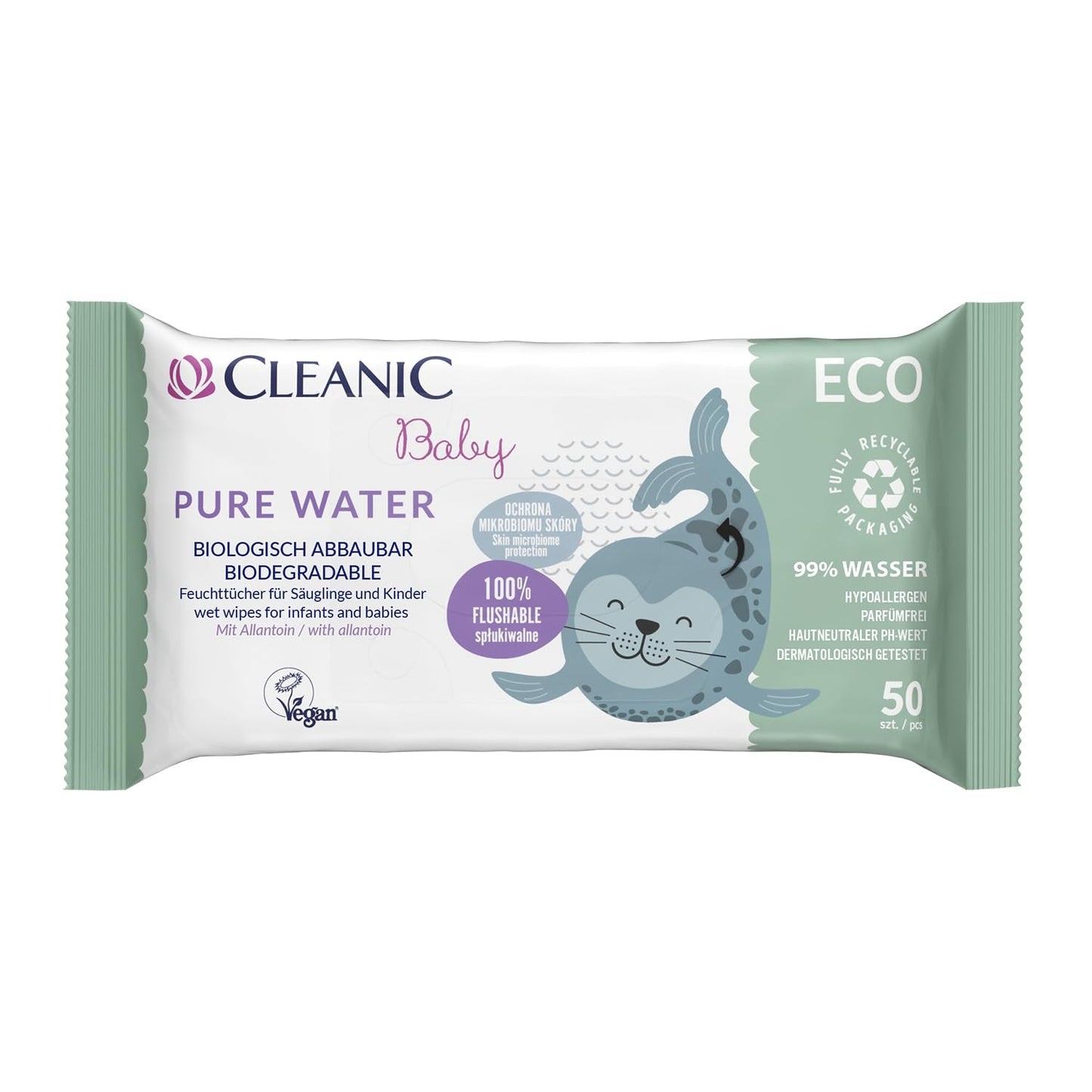 Cleanic Baby Eco Pure Water Vochtige Doekjes – (1 x 50 st.) Vochtige doekjes voor kinderen en zuigelingen – geurvrij, doorspoelbaar, gevoelige huid – 50 st.