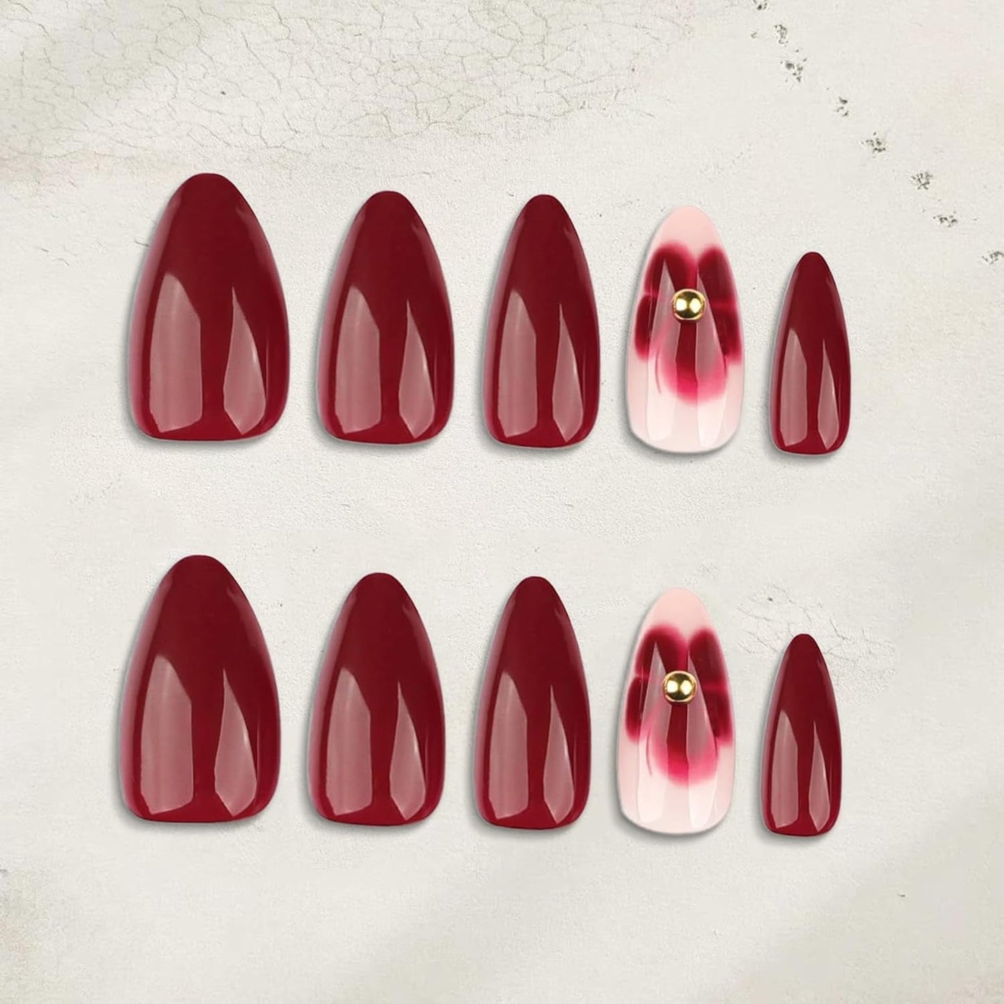 24 bordeauxrode bloemen met diamantpantser, pers op nagels, lijm op kunstnagels, set nageltips