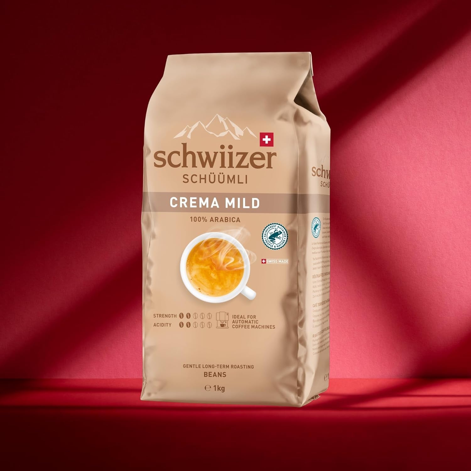 Schwiizer Schüümli Crema Mild, 100% Arabica koffiebonen fijn, harmonieus en mild, ideaal voor automatische espressomachines, sterkte 2/5, licht gebrand, Rainforest Alliance, 1kg