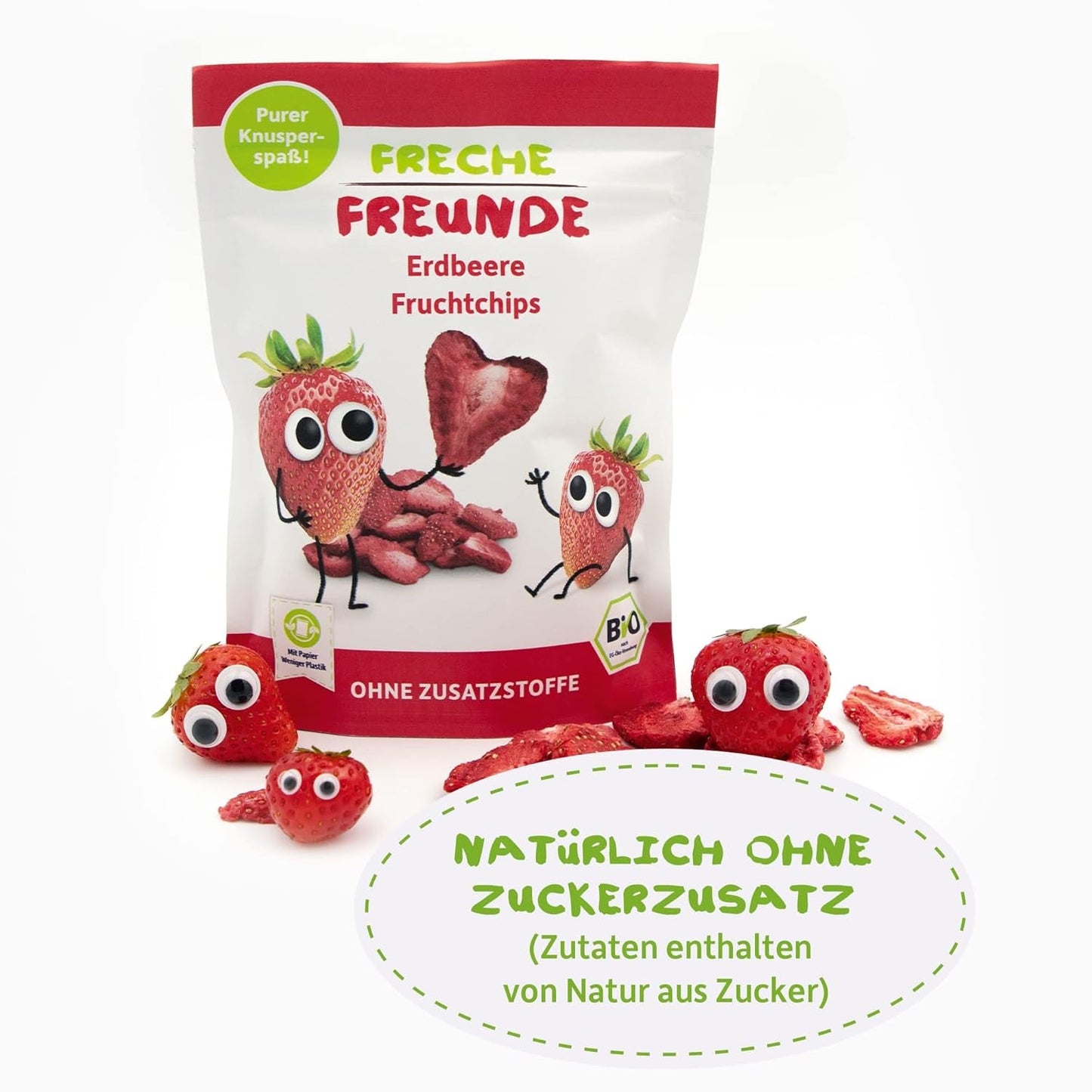 FRECHE FREUNDE Biologische aardbeienfruitchips, gevriesdroogde fruitchips, natuurlijk gesneden gedroogd fruit zonder toegevoegde suiker, veganistisch, lactosevrij, glutenvrij, verpakking van 12 (12 x 12 g)