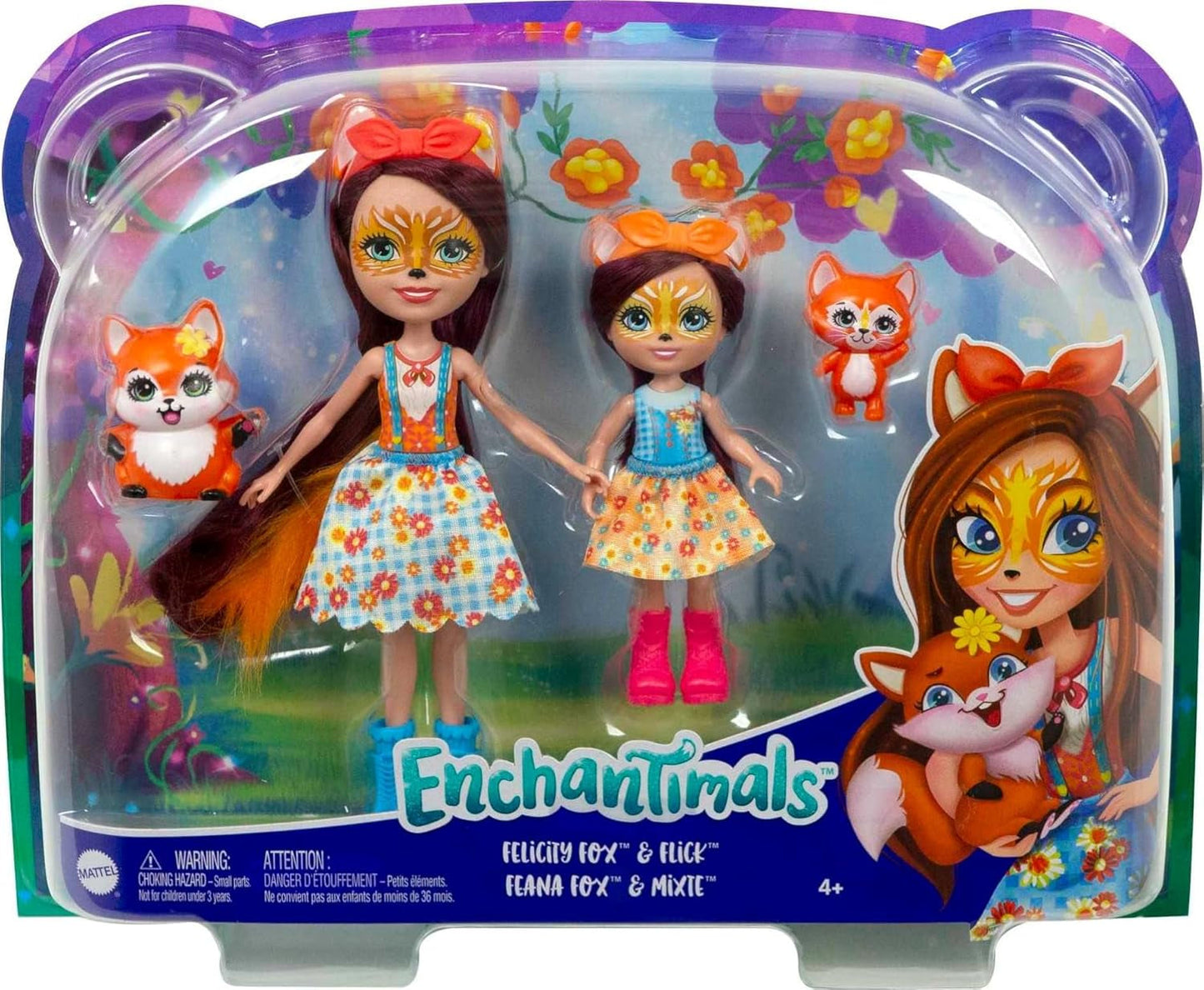 Enchantimals HCF81 - Felicity Fox en haar kleine zusje (ca. 15 cm en ca. 10 cm) en 2 dierenfiguren, afneembare rok en accessoires, leuk cadeau voor kinderen vanaf 3 jaar
