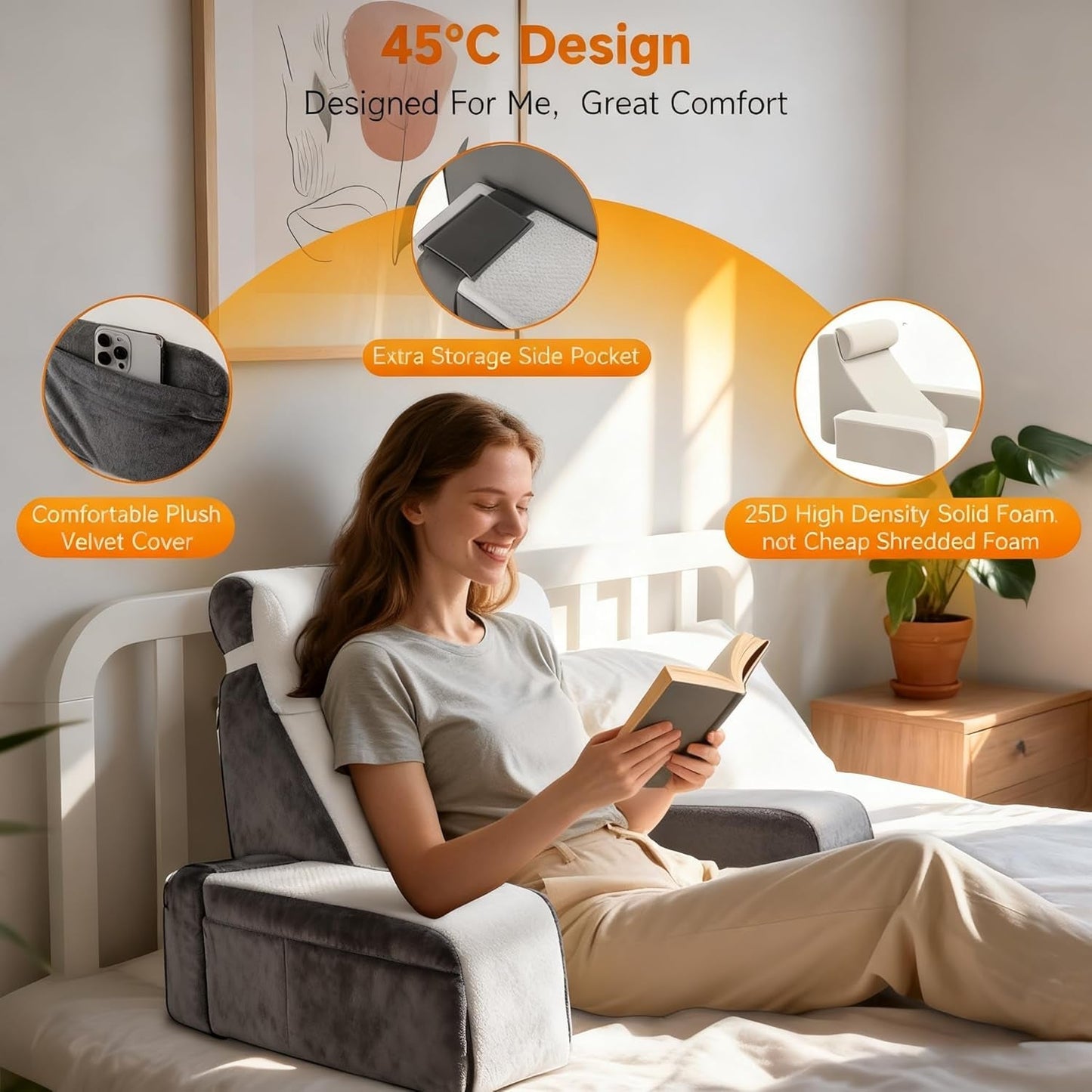 Groot leeskussen met afneembare neksteun en armleuningen, rugkussen voor bed, ergonomisch rugkussen met arm, zak en wasbare hoes voor lezen en tv kijken.