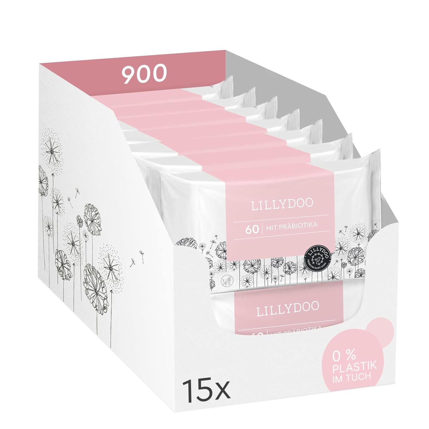 LILLYDOO Groene vochtige doekjes, 600 stuks (10 x 60), 100% plasticvrij, scheurbestendig doekje - geurvrij, zacht en natuurlijk, zachte reiniging voor de gevoelige huid, dermatologisch getest