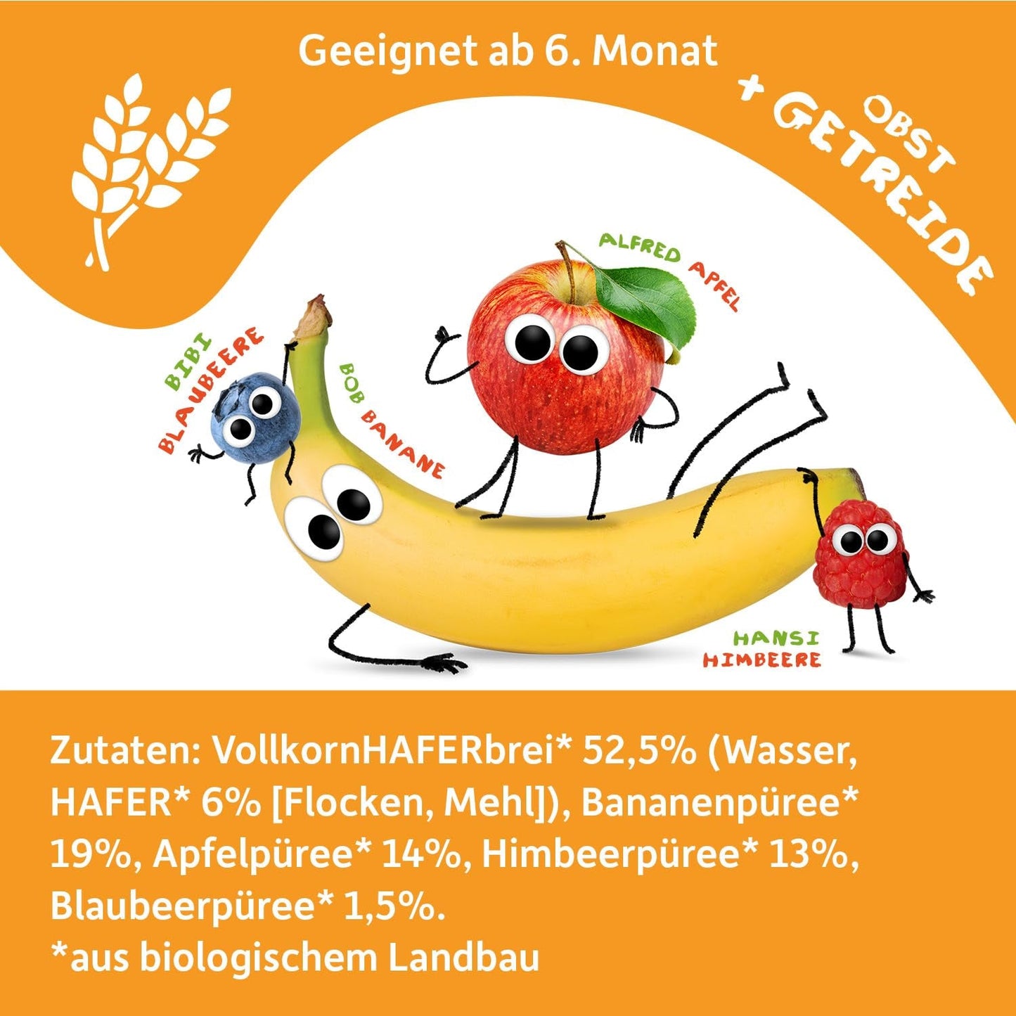 FRECHE FREUNDE Biologisch fruitzakje banaan, appel, framboos, bosbes met haver, fruitpuree met granen in een knijpbaar zakje voor baby's vanaf 6 maanden, veganistisch, 6 stuks (6 x 100 g)