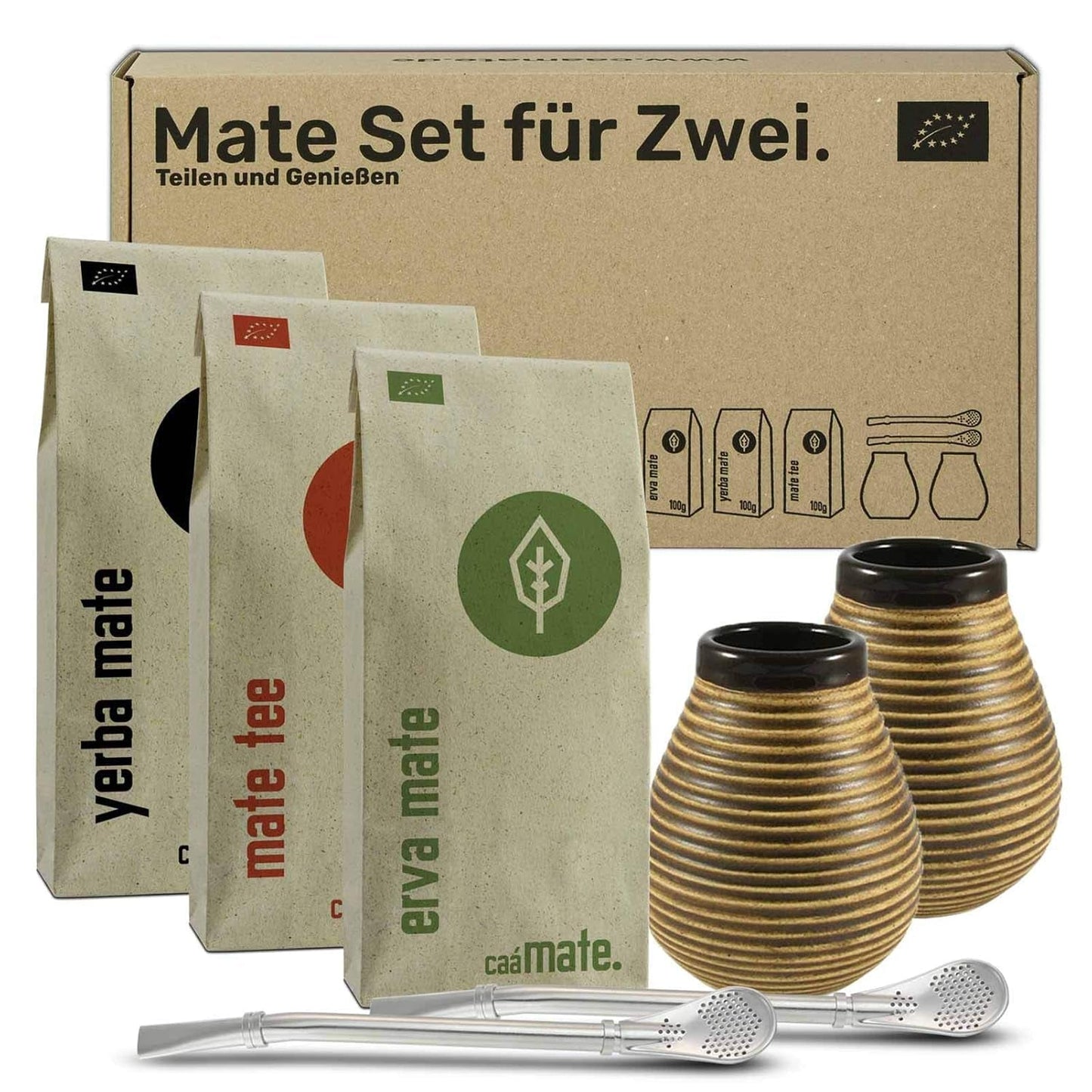 Mate theeset voor twee, biologisch ● 2 Mate kopjes + 2 bombilla's + 300 g Mate thee + bereidingsinstructies