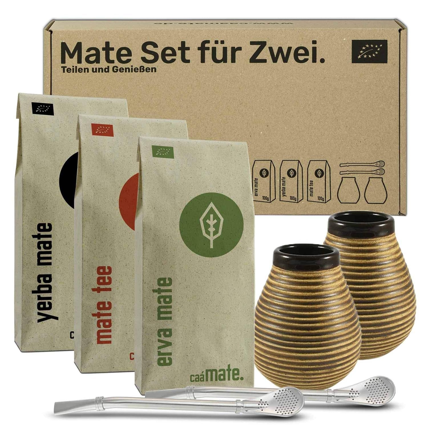 Mate theeset voor twee, biologisch ● 2 Mate kopjes + 2 bombilla's + 300 g Mate thee + bereidingsinstructies
