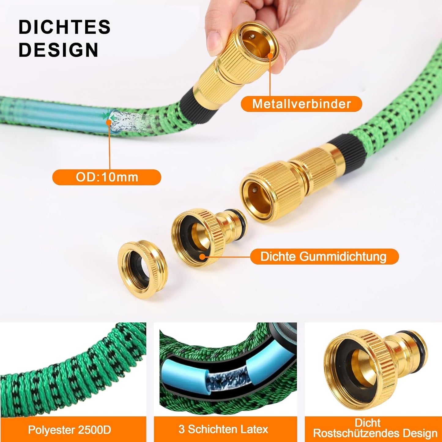 45 m uittrekbare tuinslang, automatisch intrekbare flexibele waterslang, 10 spuitpatronen, TPE 2500D, metalen connectoren, voor extra grote tuinen, landbouw, schoonmaak