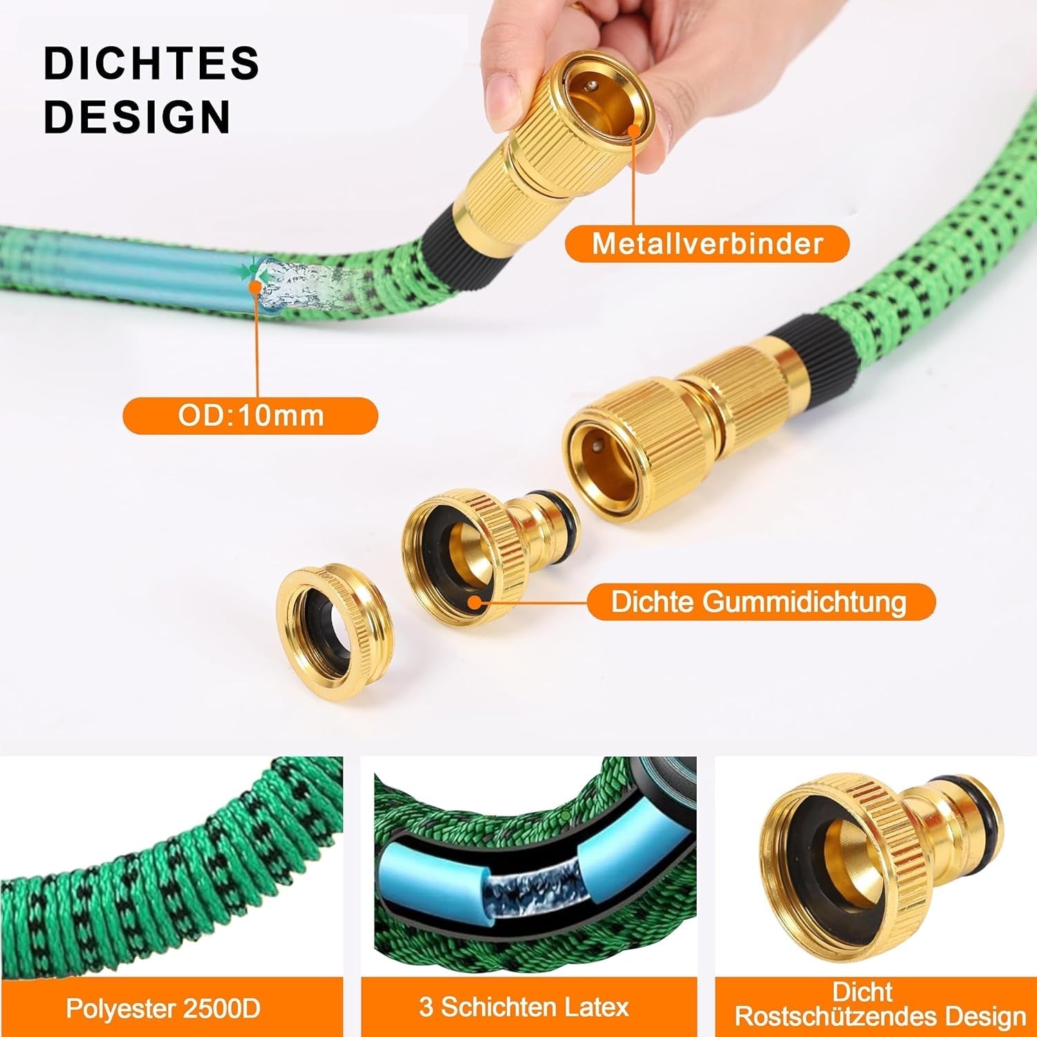 45 m uittrekbare tuinslang, automatisch intrekbare flexibele waterslang, 10 spuitpatronen, TPE 2500D, metalen connectoren, voor extra grote tuinen, landbouw, schoonmaak