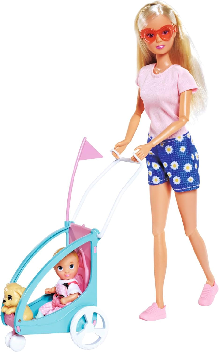Steffi Love fietskar, pop op fiets met aanhanger voor baby, hond en koptelefoon, vanaf 3 jaar