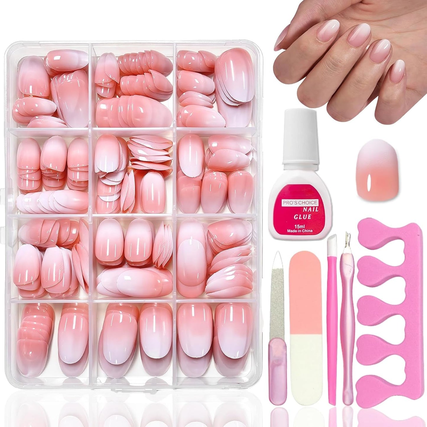 360-delige kunstnagelset - korte naaktroze witte gradiënt kunstnagels - vierkante lijm op kunstnagels - volledige dekking glanzende zelfklevende nagels voor dames en meisjes (vierkant)