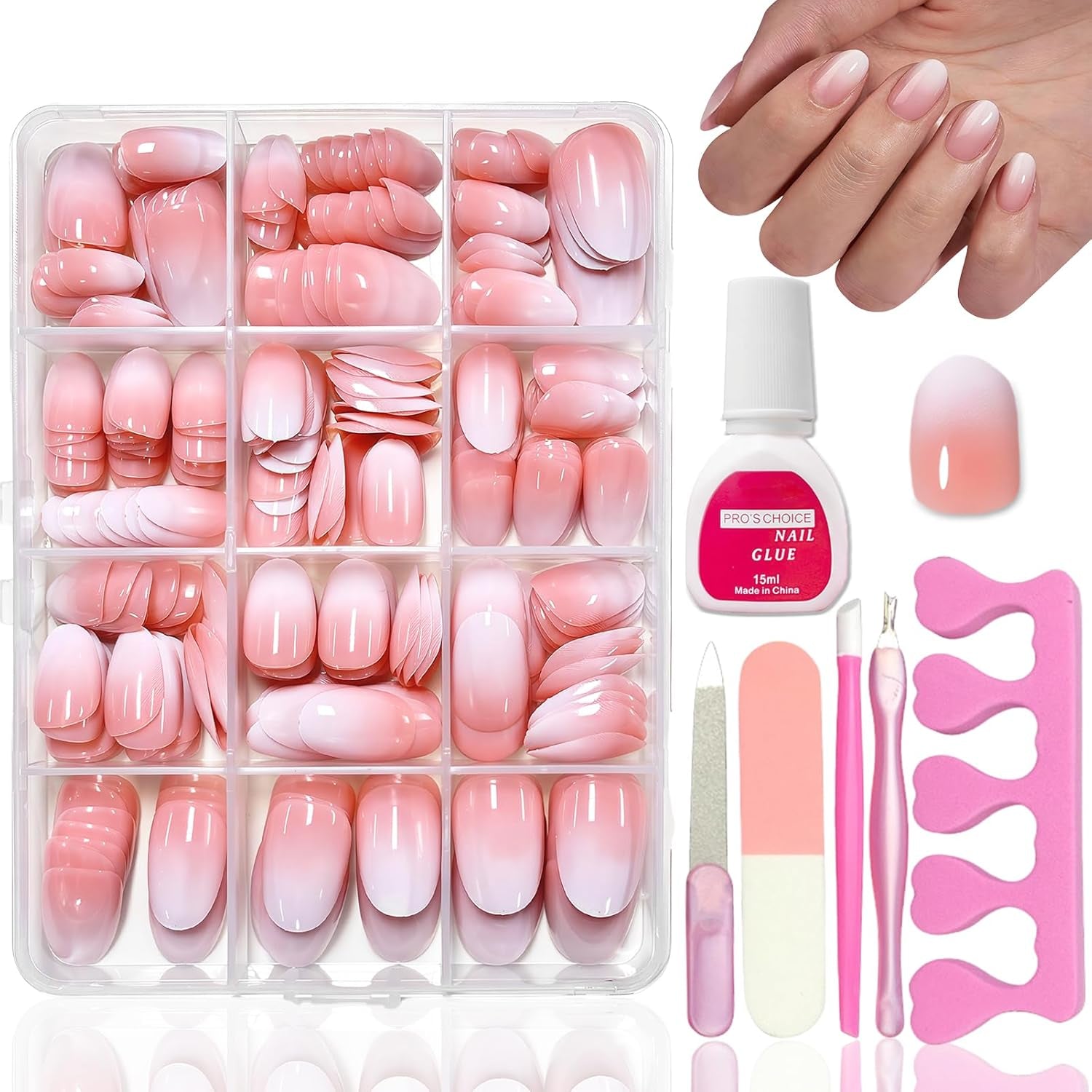 360-delige kunstnagelset - korte naaktroze witte gradiënt kunstnagels - vierkante lijm op kunstnagels - volledige dekking glanzende zelfklevende nagels voor dames en meisjes (vierkant)