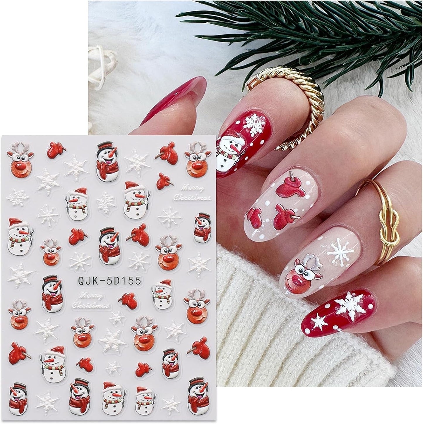 JMEOWIO 3D Nagelsticker Weihnachten Nail Art Sticker Selbstklebend Nagelaufkleber 5D Stereoskopisch Schneeflocke Xmas Winterurlaub Niedlich Decoratie Nageldesign Zubehör 4 Blatt