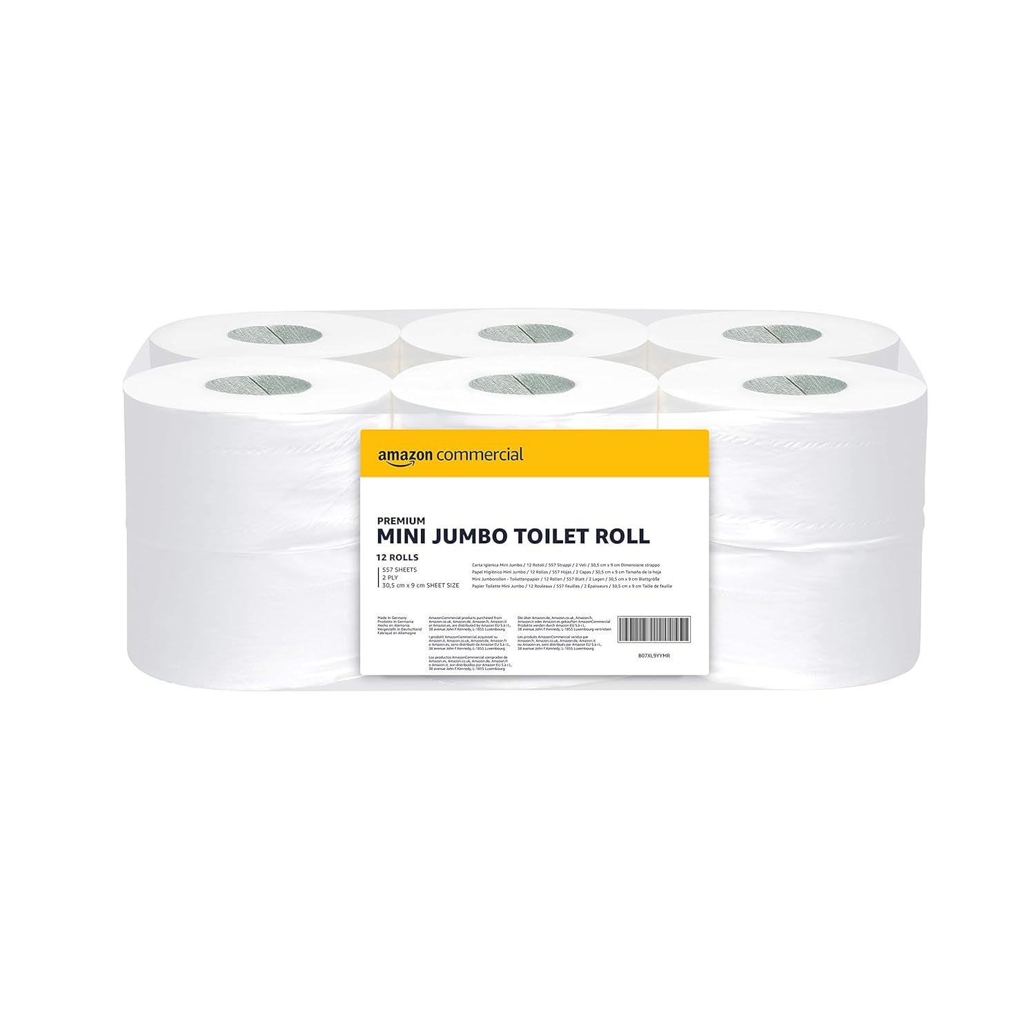 Amazoncommercial Mini Jumbo Toiletpapier, ongeparfumeerd, 2-laags, 6684 stuks, 1 verpakking van 12 rollen, 557 vellen per rol, velformaat: 30,5 x 9 cm, wit, compatibel met T2-dispensers