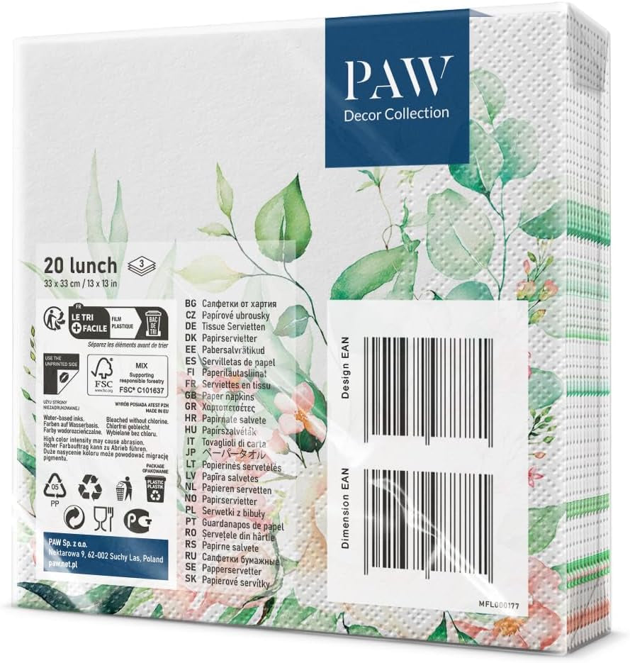 PAW - 3-laags servetten (33 x 33 cm) I 20 stuks I Perfect voor verjaardagen, feesten, bruiloften, communies en feestdagen I Gekleurde papieren servetten - Bloemen, Rozen I Kleur: Floral Moments (Pack van 2)
