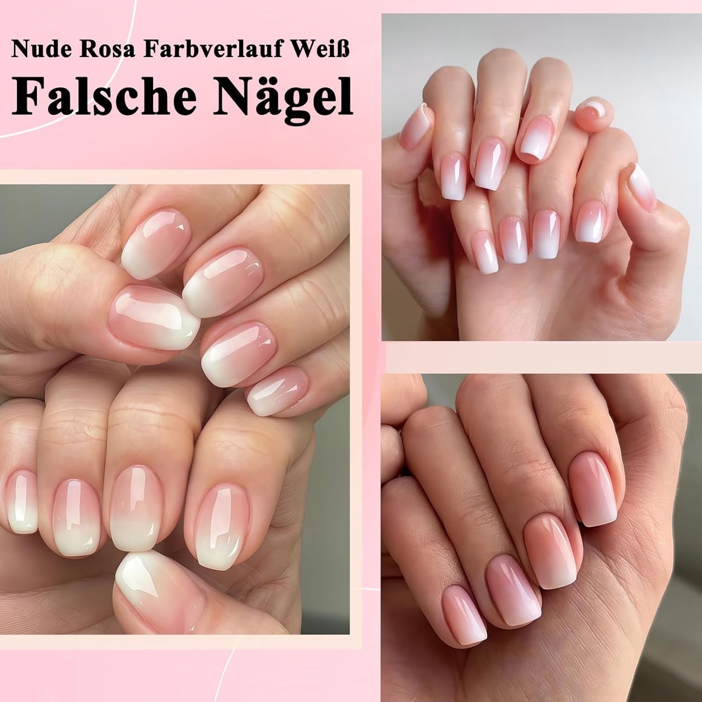 360-delige kunstnagelset - korte naaktroze witte gradiënt kunstnagels - vierkante lijm op kunstnagels - volledige dekking glanzende zelfklevende nagels voor dames en meisjes (vierkant)