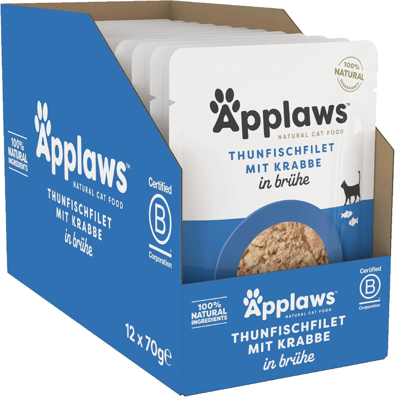 Applaws 100% natuurlijke Nassfutter für Katzen, Thunfischfilet mit Krabben in Brühe - Verpakking met 12 x 70g Beuteln