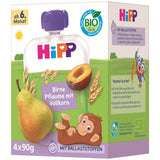 HiPP biologische peren- en pruimenzakjes, volkoren, 16 stuks (4 verpakkingen van 4 x 90 g elk), voor baby's vanaf 6 maanden, zonder toegevoegde suiker, veganistisch, beste biologische kwaliteit