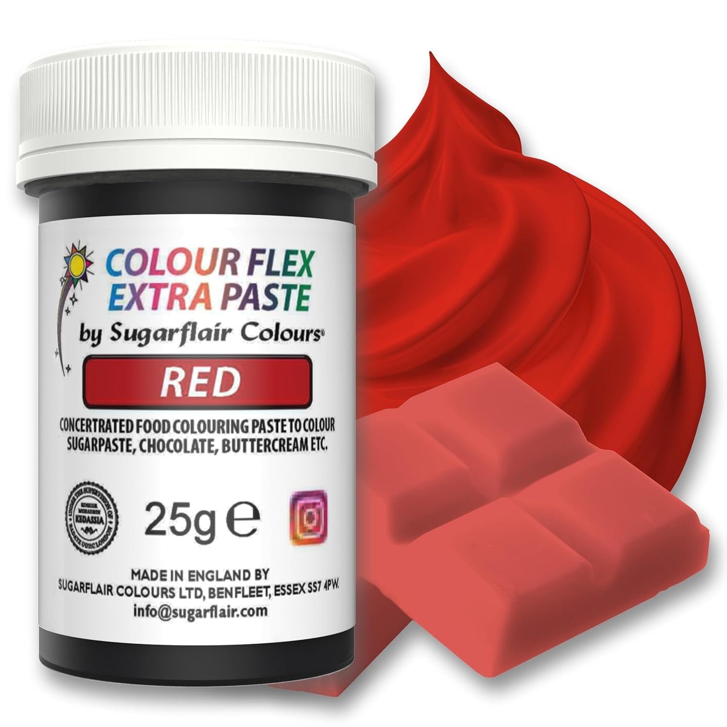 Sugarflair Colourflex Extra Paste voedingskleurstof, rood - Eetbare voedingskleurstof voor botercrème, chocolade, suikerpasta, glazuur, fondant, cakemixen, deeg en meer - 25g